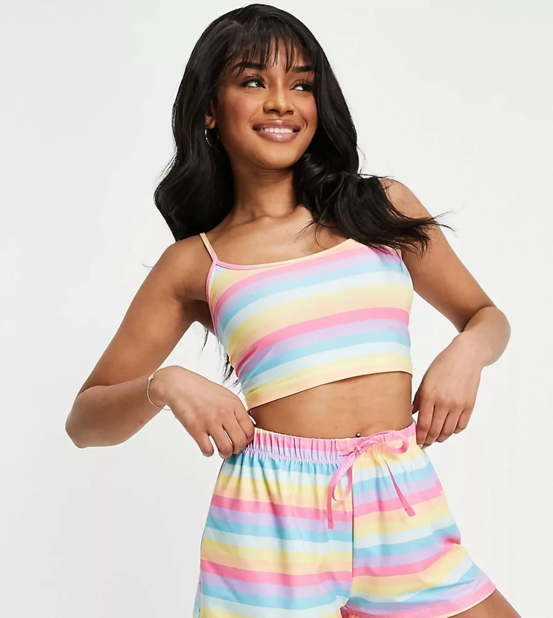 Loungeable Petite – Pyjama mit kurzem Camisole und Shorts in Sorbet Rainbow günstig online kaufen