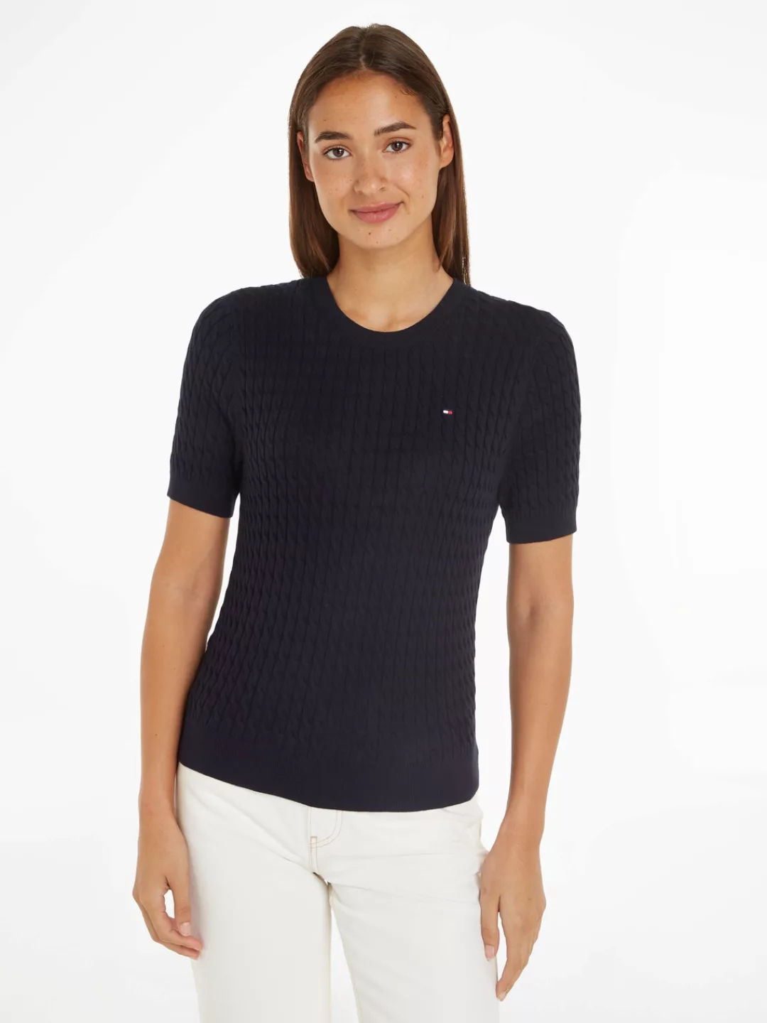 Tommy Hilfiger Kurzarmpullover CO CABLE RWB C-NK SS SWT mit Mini-Zopfmuster günstig online kaufen