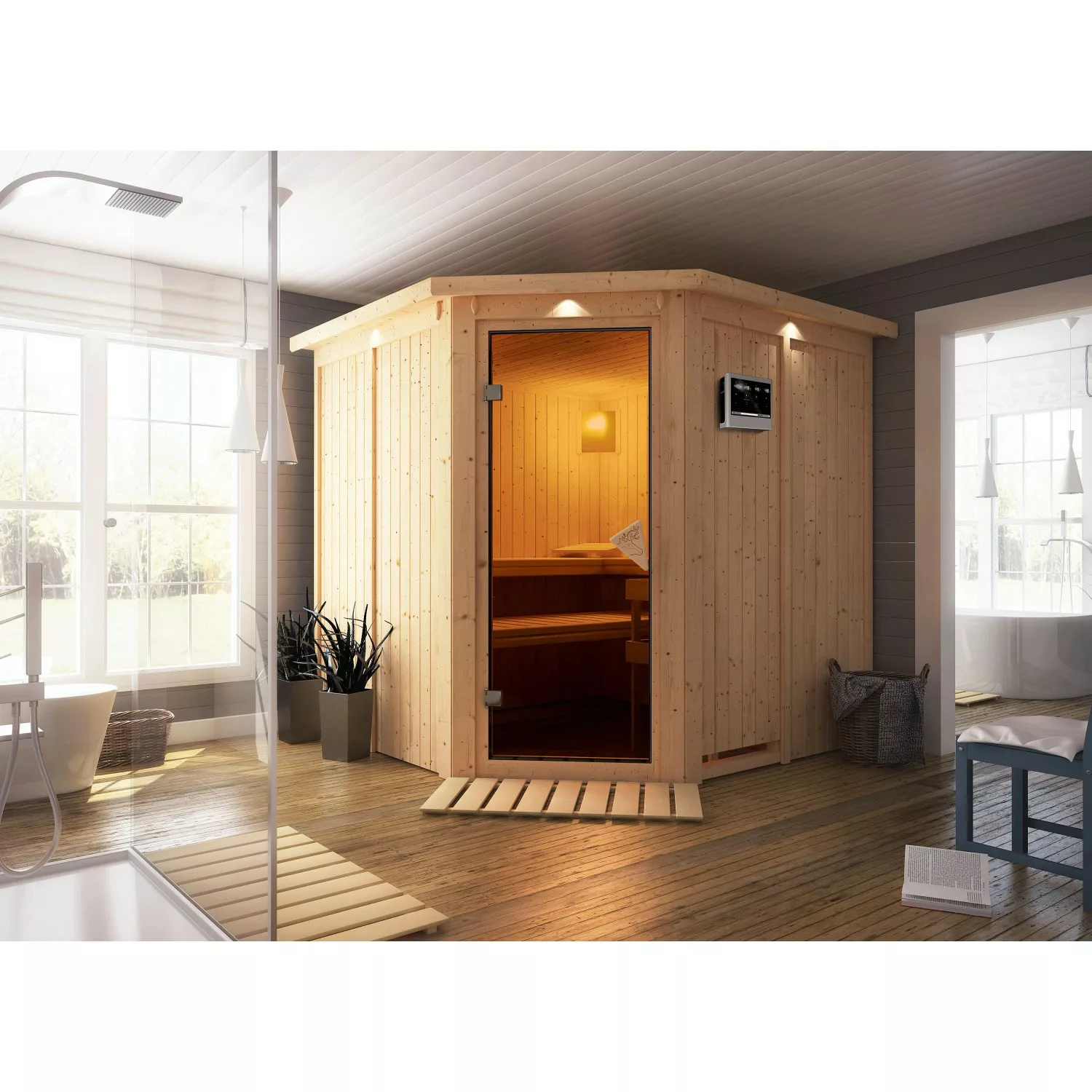 Karibu Sauna Jorma mit Bio-Ofen externe Stg.LED-Dachkranz Natur günstig online kaufen