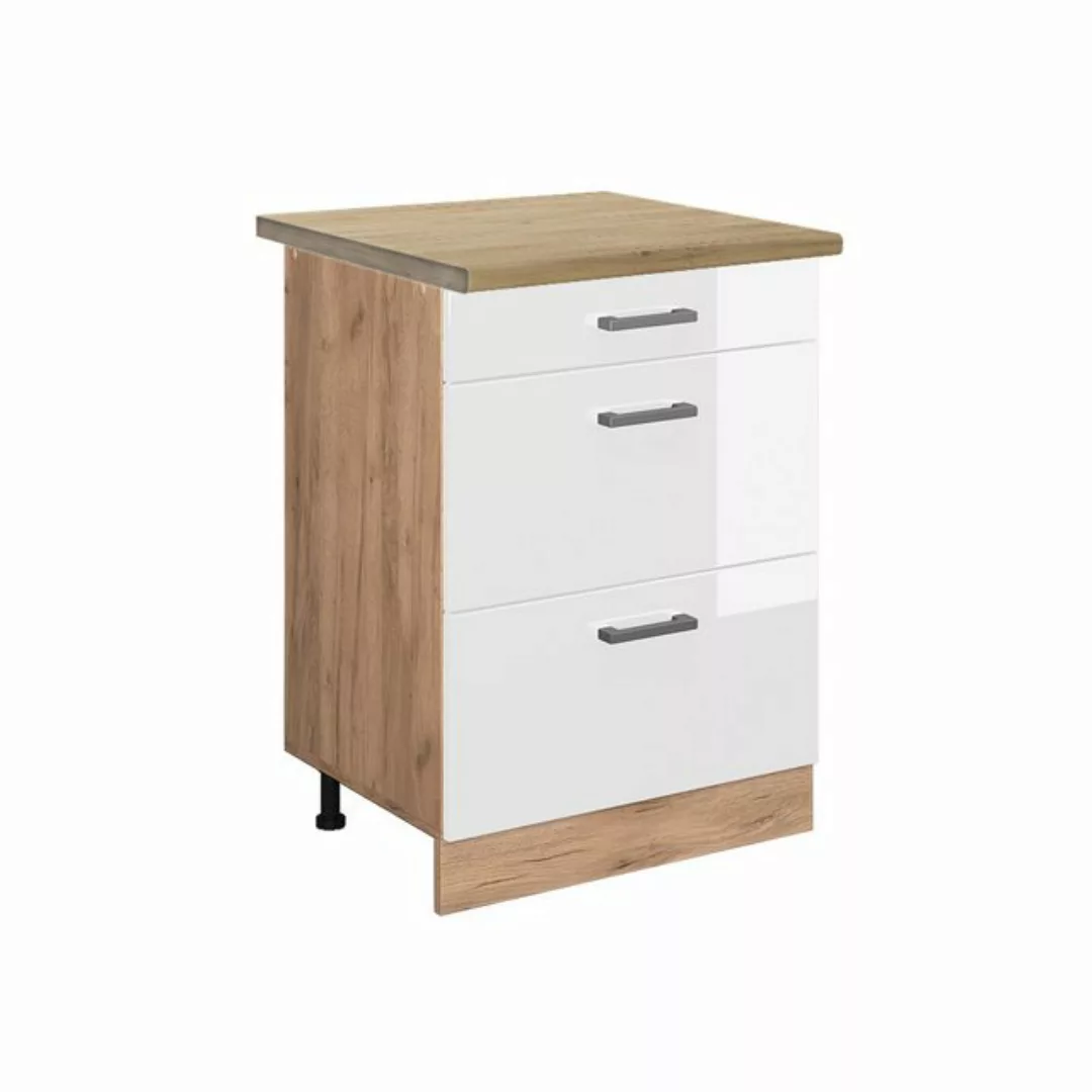 Vicco Unterschrank R-Line, Weiß Hochglanz/Goldkraft Eiche, 60 cm mit Schubl günstig online kaufen