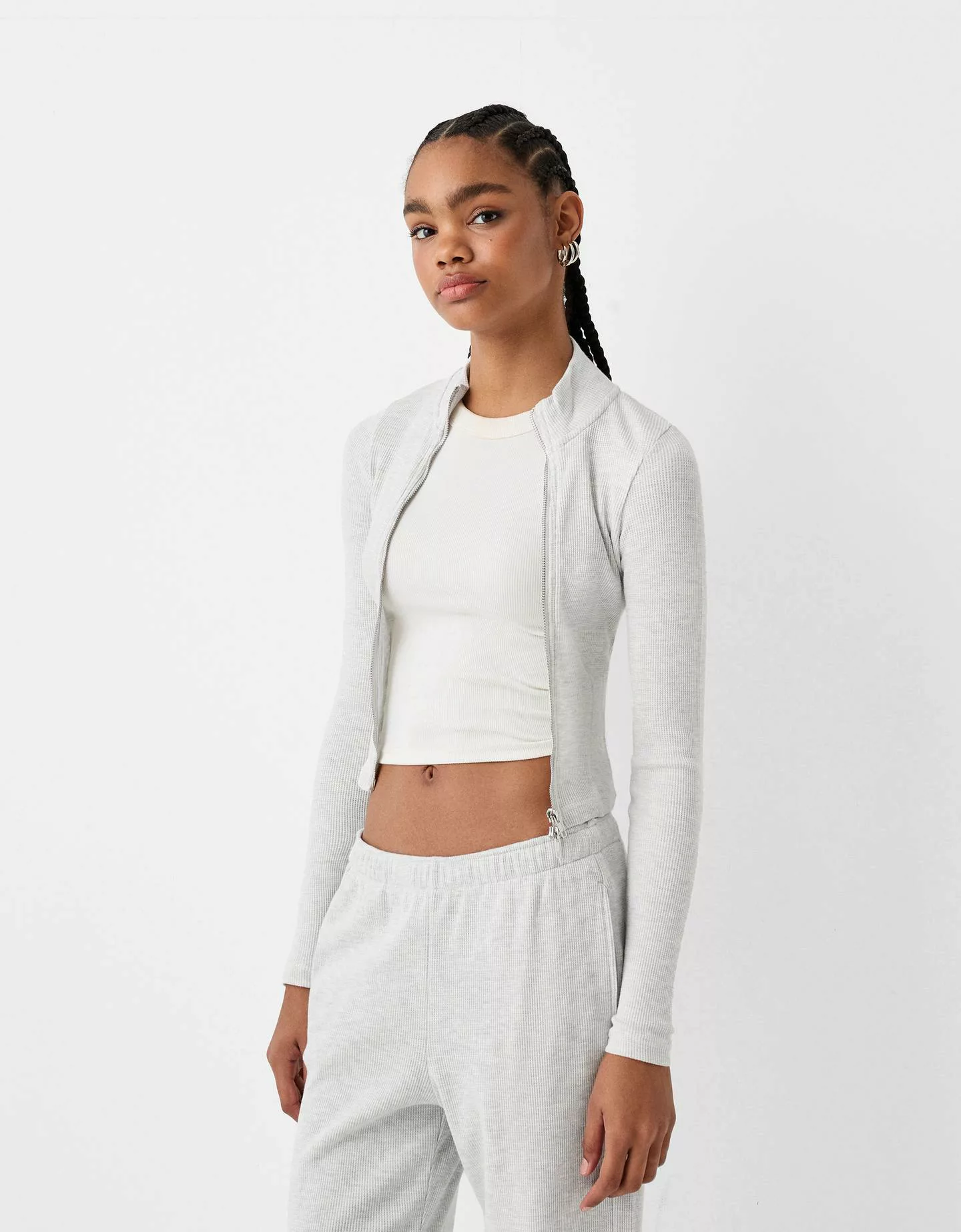 Bershka Sweatshirt Aus Waffelgewebe Mit Reißverschluss Damen Xs Grau günstig online kaufen