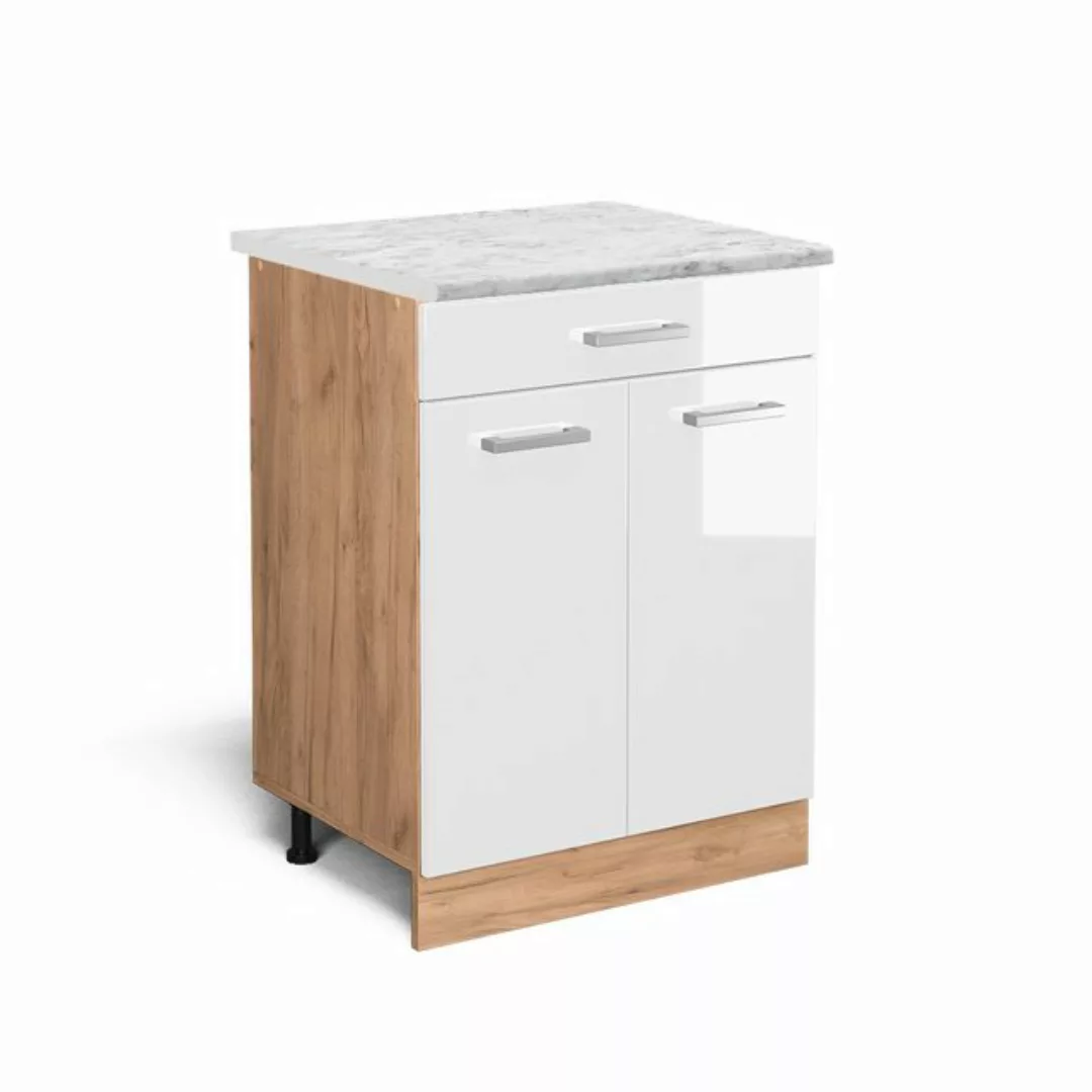 Vicco Unterschrank R-Line, Weiß Hochglanz/Goldkraft Eiche, 60 cm AP Marmor günstig online kaufen