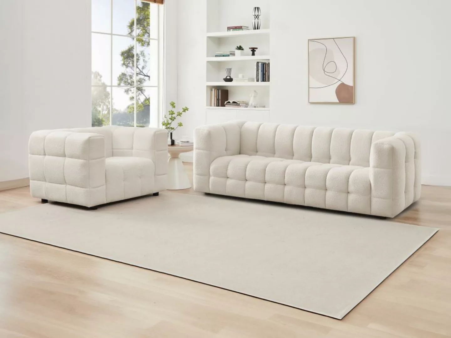 Sofagarnitur 3-Sitzer & Sessel - Bouclé-Stoff - Elfenbeinfarben - LERICI vo günstig online kaufen