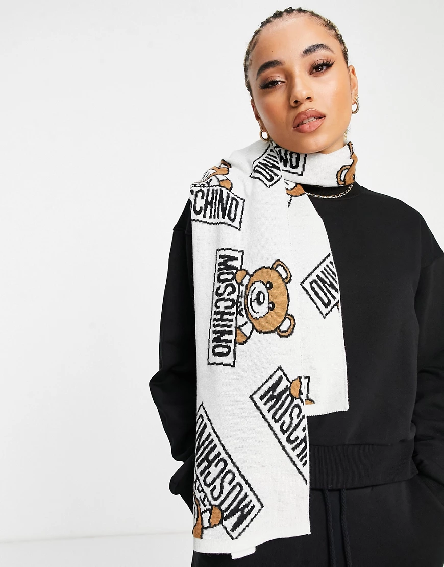 Moschino – Schal in Weiß mit Teddybär-Logo günstig online kaufen