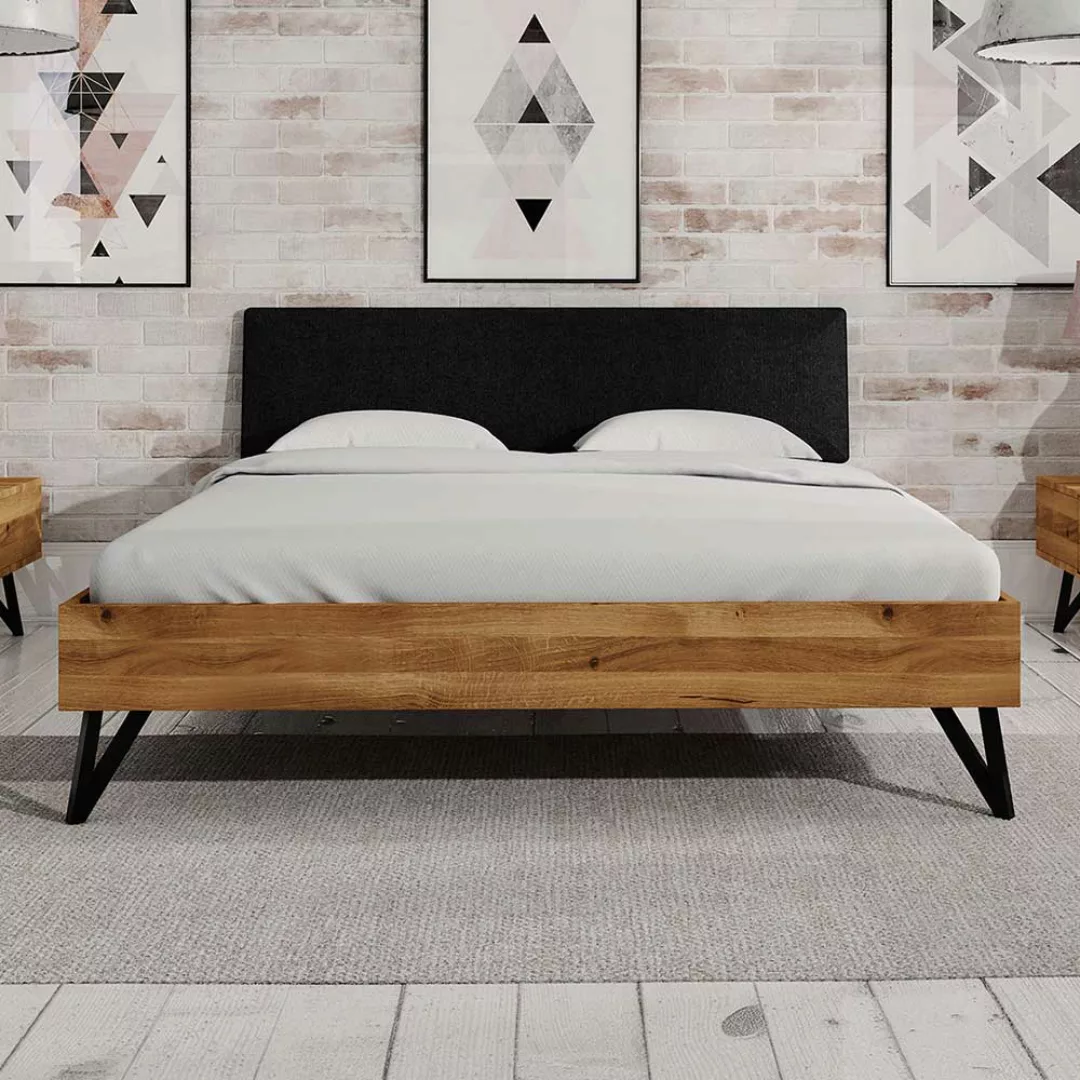 Doppelbett aus Wildeiche Massivholz und Stahl gepolstertem Kopfteil günstig online kaufen