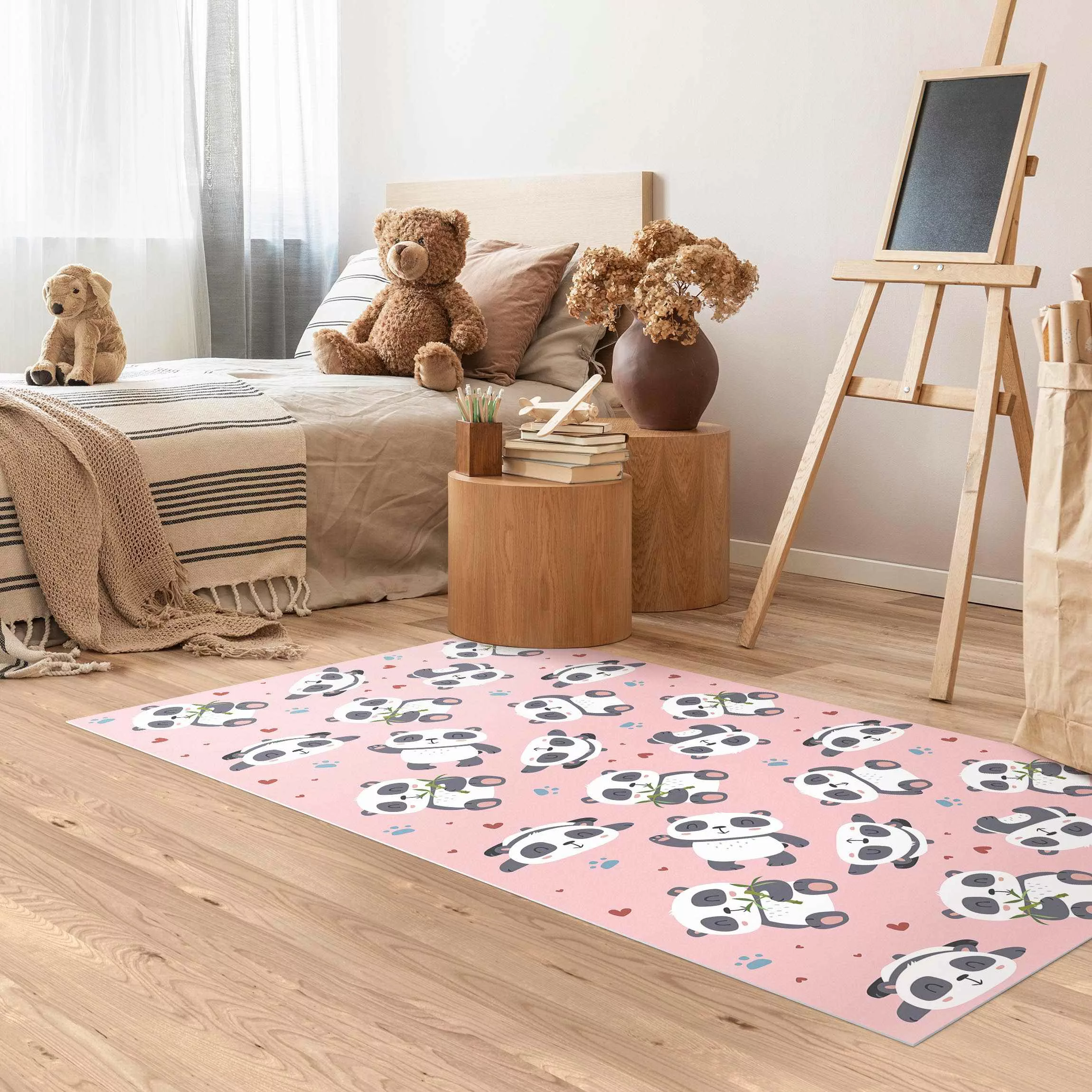 Vinyl-Teppich Süße Pandabären mit Tapsen und Herzen Pastellrosa günstig online kaufen