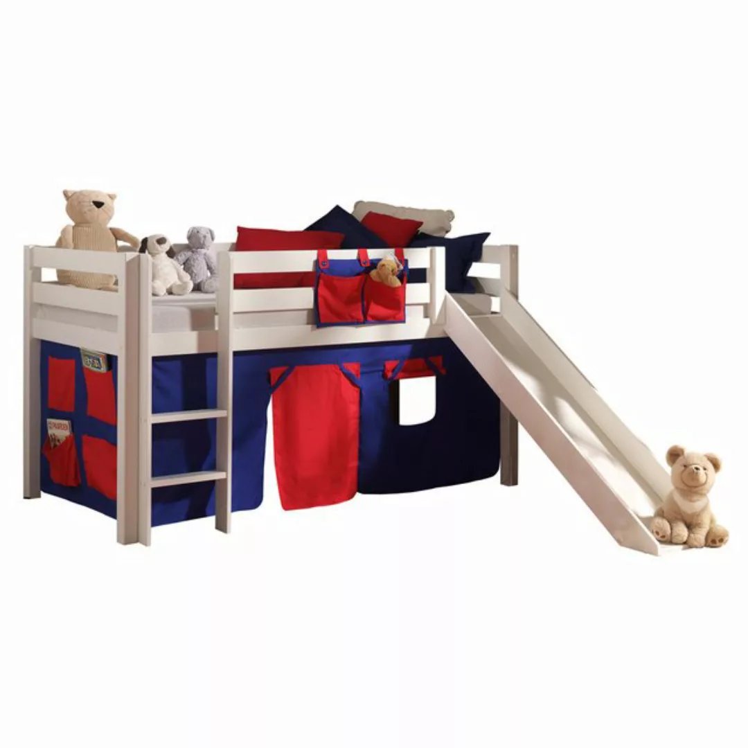 Kinderzimmer Spielbett PINOO-12 mit Rutsche und Textilset Domino in Kiefer günstig online kaufen