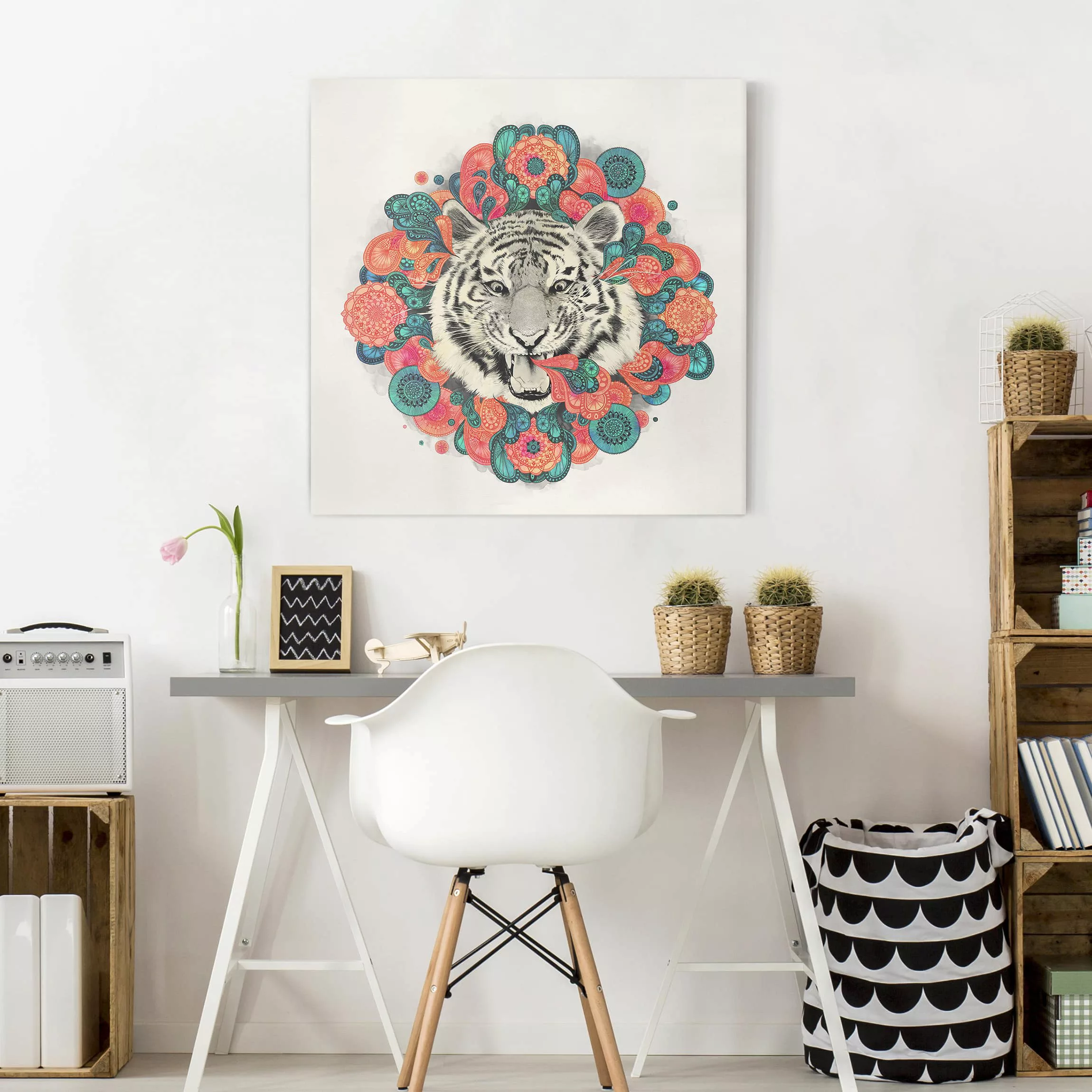 Leinwandbild Tiere - Quadrat Illustration Tiger Zeichnung Mandala Paisley günstig online kaufen