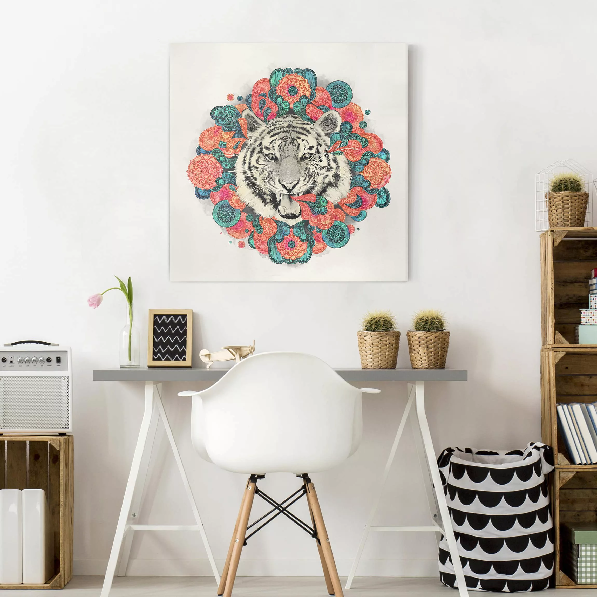 Leinwandbild - Quadrat Illustration Tiger Zeichnung Mandala Paisley günstig online kaufen