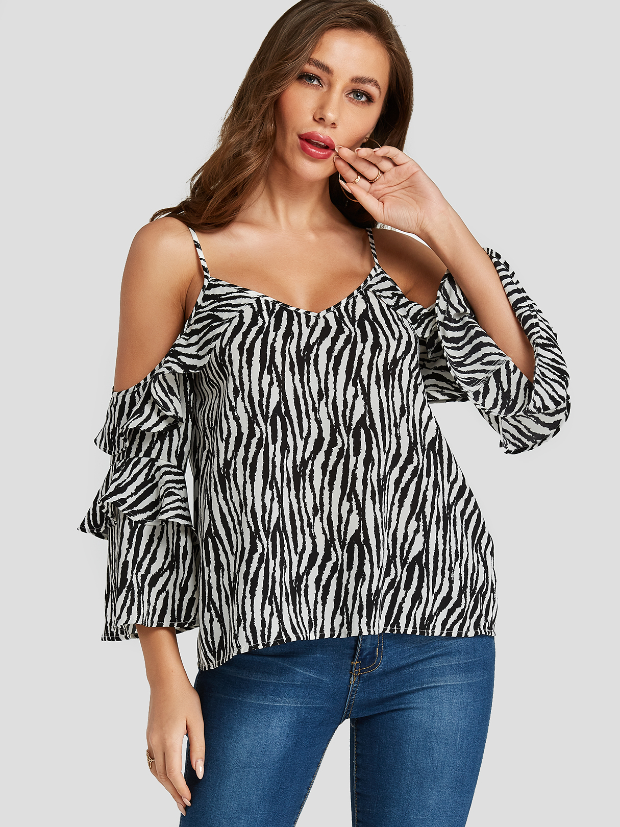 YOINS Animal Zebra Drucke Spaghettiträger V-Ausschnitt Cold Shoulder Tee günstig online kaufen