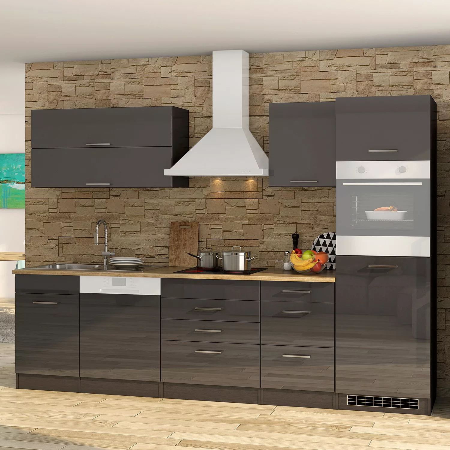 Held Möbel Küchenzeile/Küchenblock Mailand 300 cm Grau Hochglanz-Grau Matt günstig online kaufen
