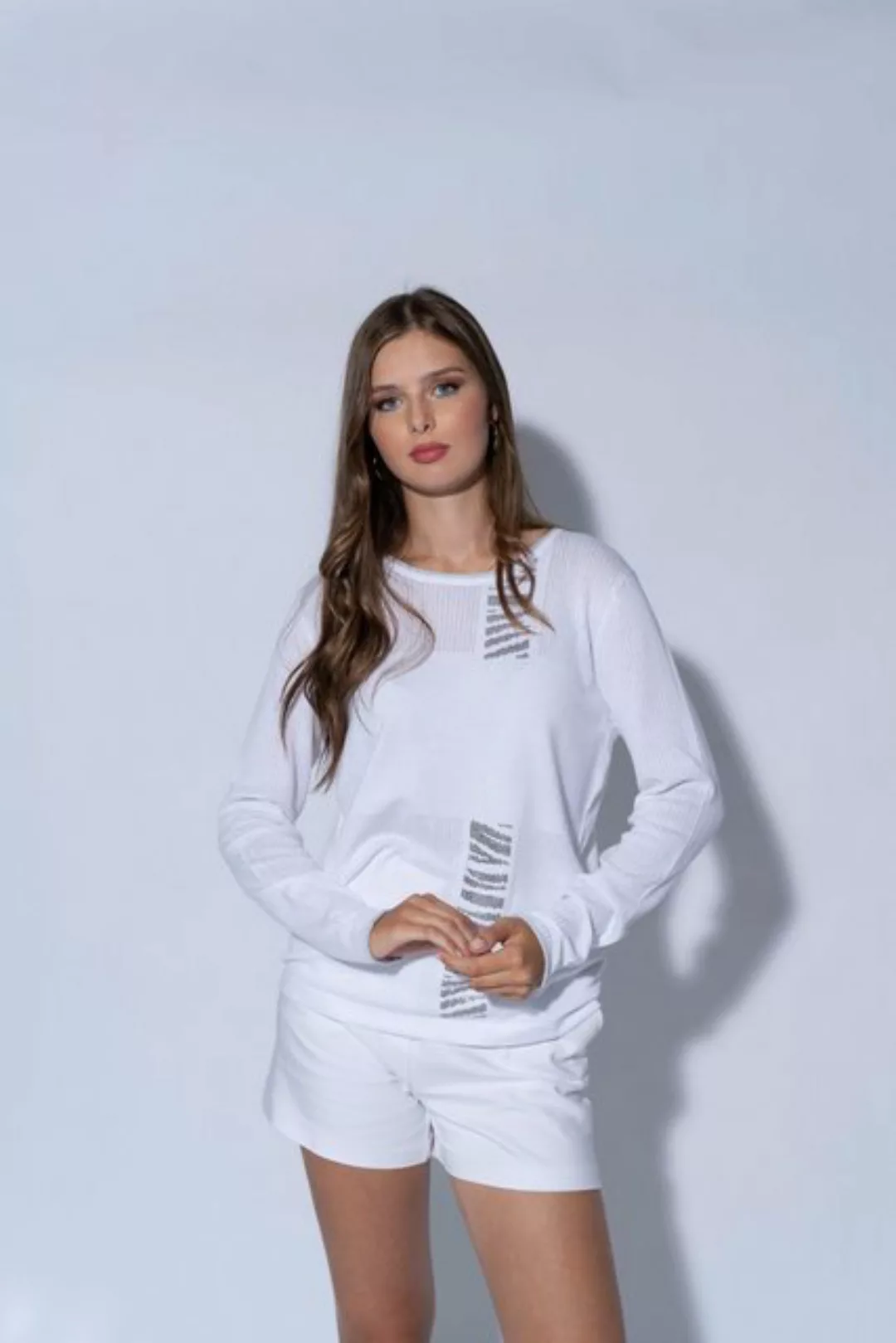 Passioni Streifenpullover Weißer Pullover mit vertikalem Glitzer-Zebrastrei günstig online kaufen