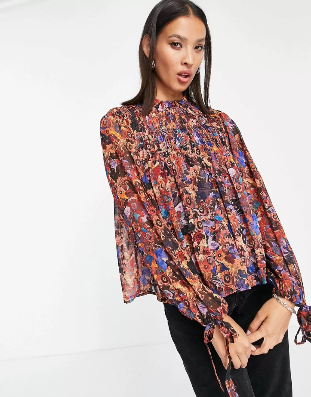 Vero Moda – Transparente Bluse mit hohem Kragen und Printmuster-Mehrfarbig günstig online kaufen