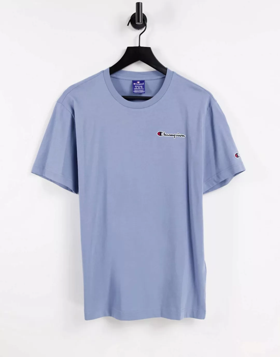 Champion – Blaues T-Shirt mit kleinem Logo-Schriftzug günstig online kaufen