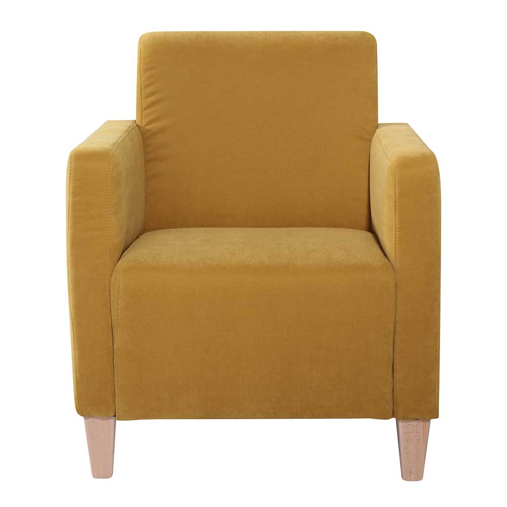 Gelber Wohnzimmer Sessel aus Velours Buche Massivholz günstig online kaufen