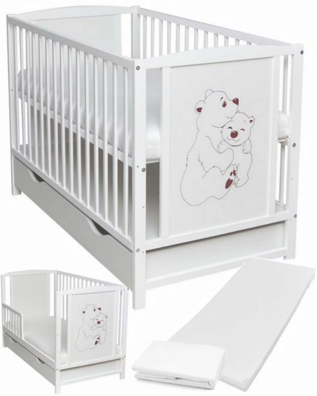 Dedstore-Baby Kinderbett mit Matratze 120x60cm Komplett Set Weiß Bär Spannb günstig online kaufen