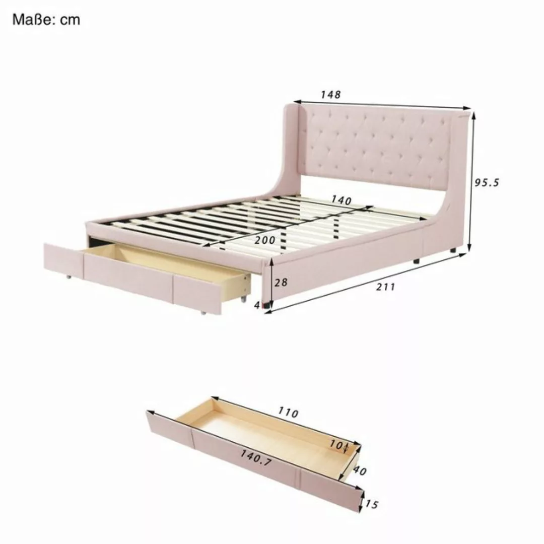 SOFTWEARY Polsterbett Doppelbett mit Lattenrost und Schubladen (140x200 cm) günstig online kaufen