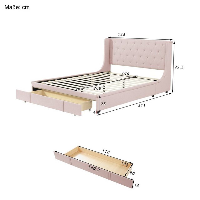 SOFTWEARY Polsterbett mit Lattenrost und Schubladen (140x200 cm), Kopfteil günstig online kaufen