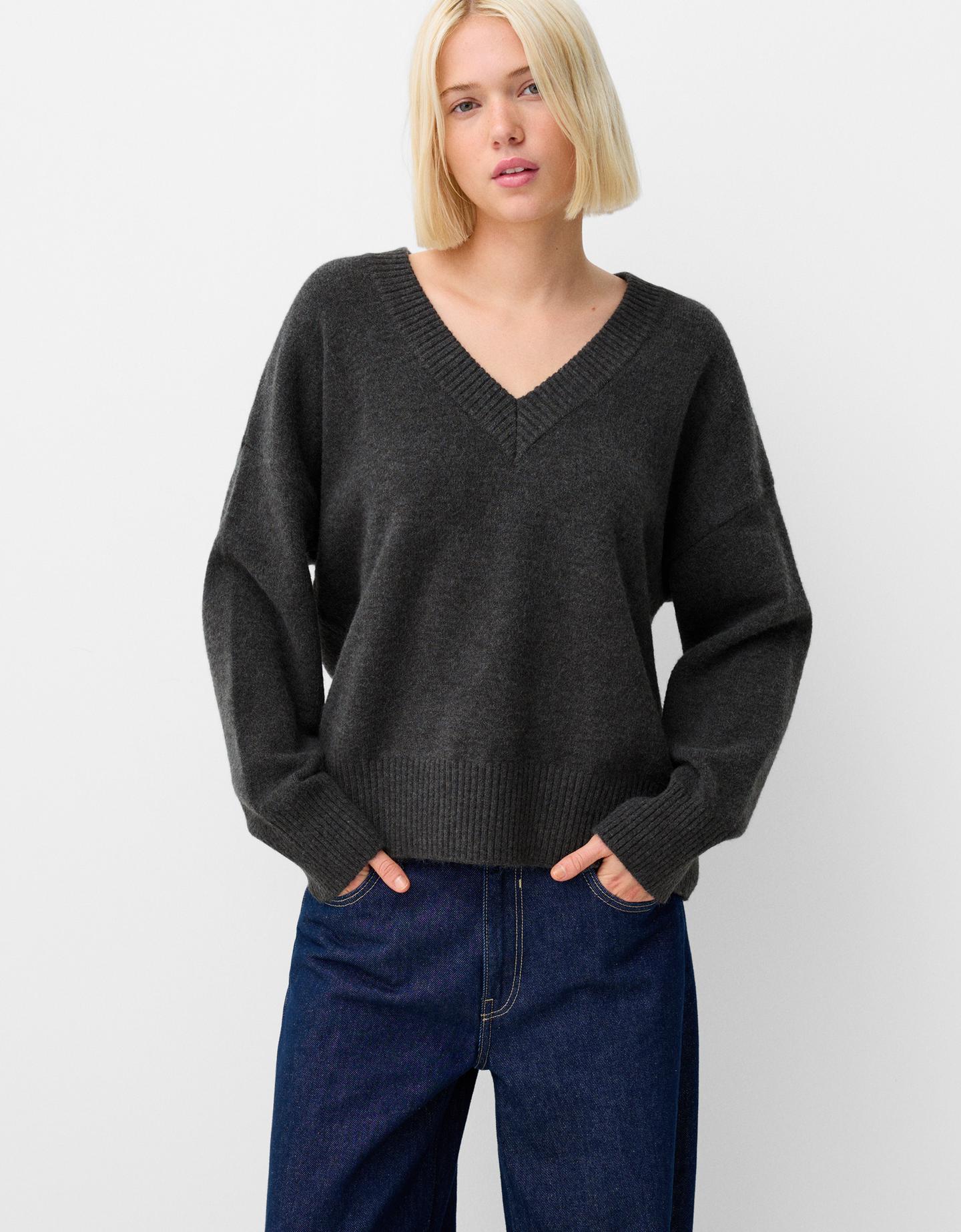 Bershka Oversize-Pullover Mit V-Ausschnitt Damen L Grau günstig online kaufen