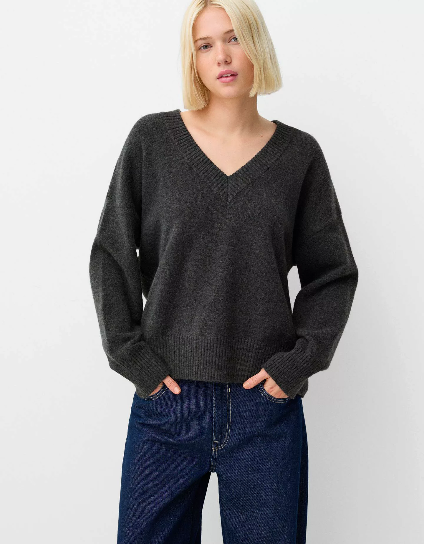 Bershka Oversize-Pullover Mit V-Ausschnitt Damen L Grau günstig online kaufen