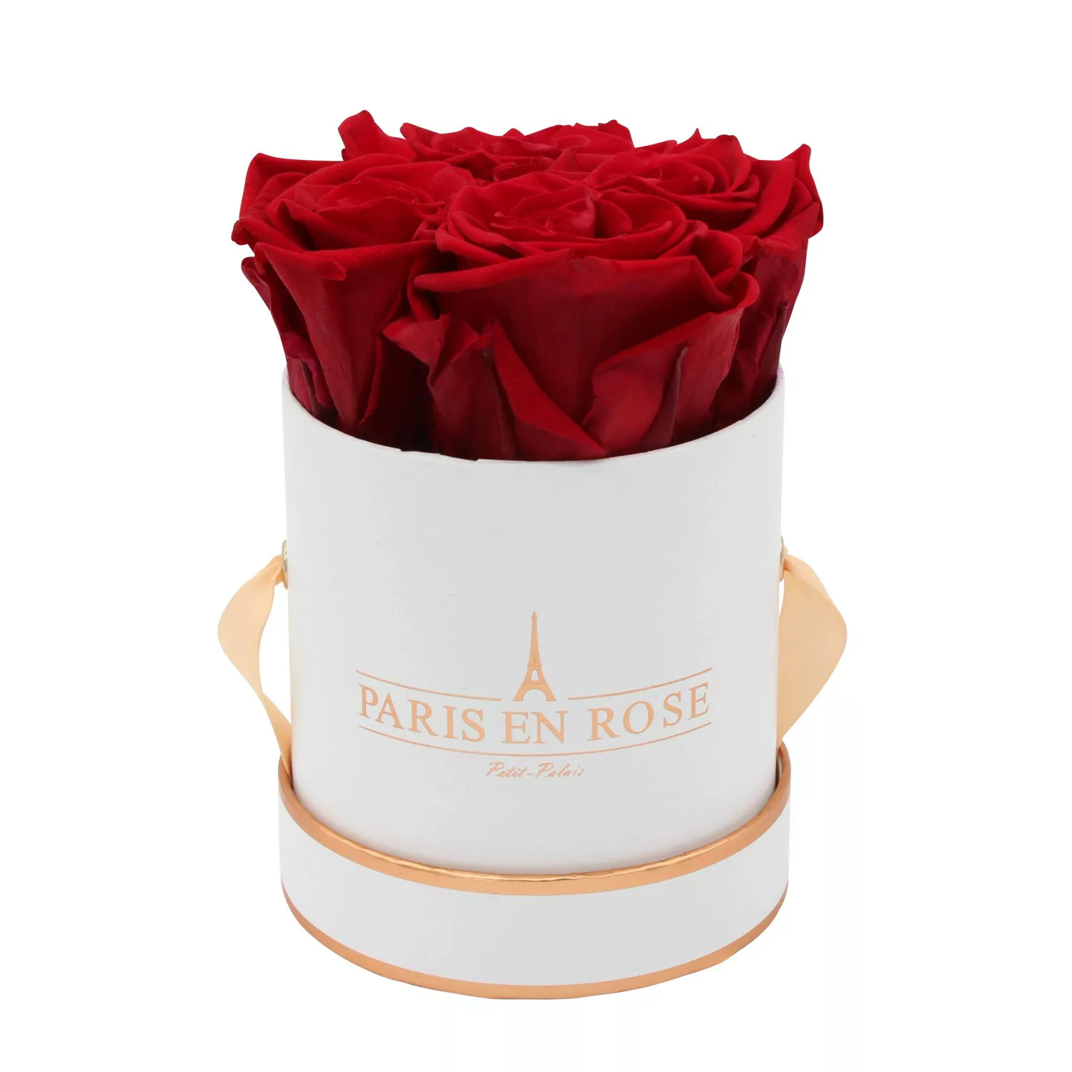 Rosenbox Ø 10 cm Weiß-Roségold mit 4 Bordeaux Rosen günstig online kaufen