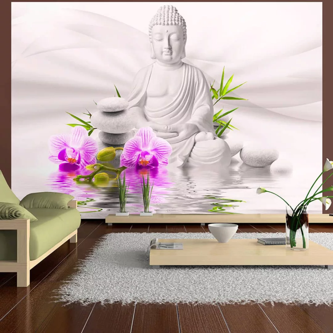 Selbstklebende Fototapete - Buddha and pink orchids günstig online kaufen