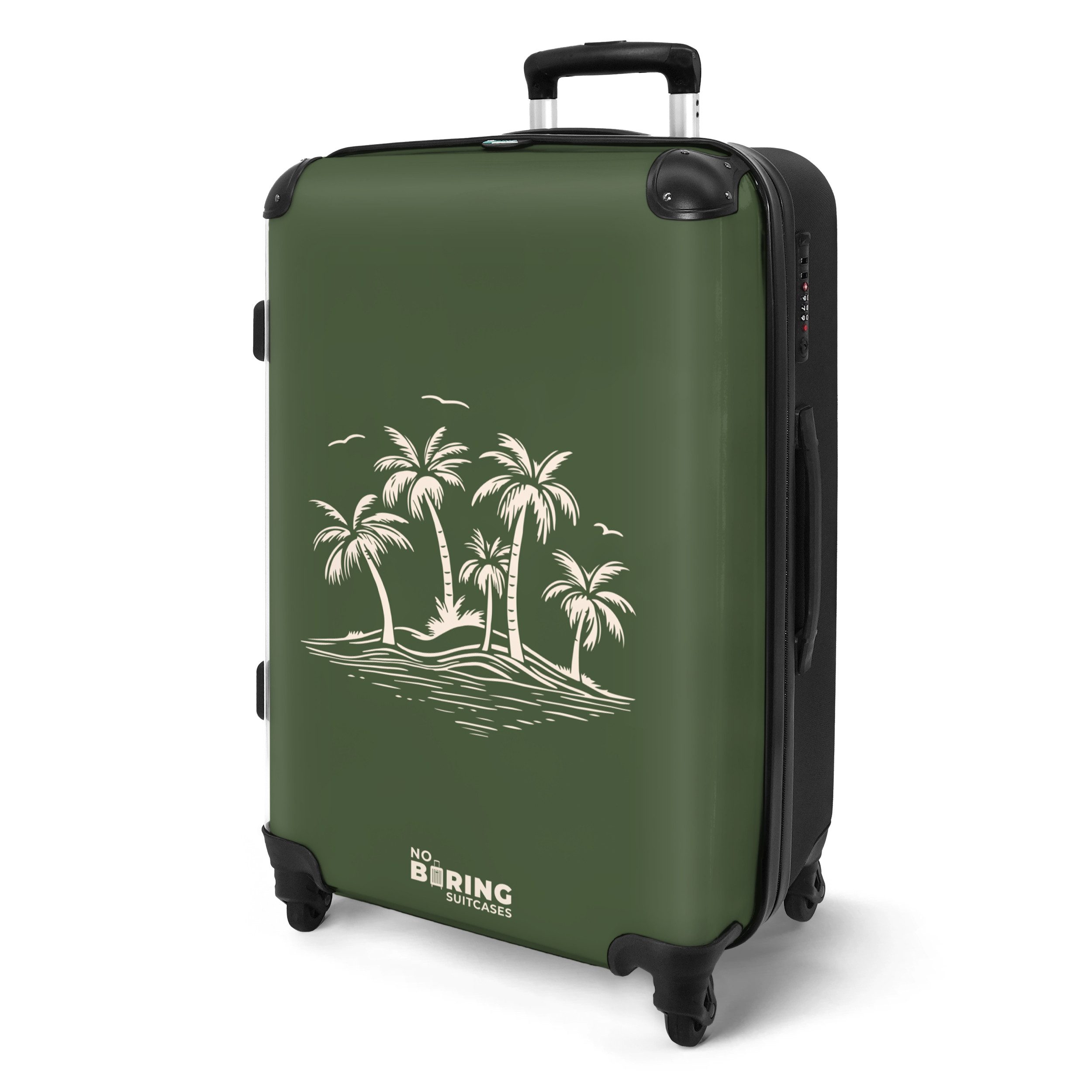 NoBoringSuitcases.com© Hartschalen-Trolley Grün mit beigen Palmen günstig online kaufen