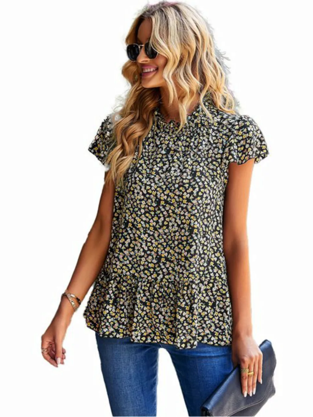 KIKI Kurzarmshirt Kurzarmbluse T-Shirt Damen Sommer Blumendruck Oberteile V günstig online kaufen