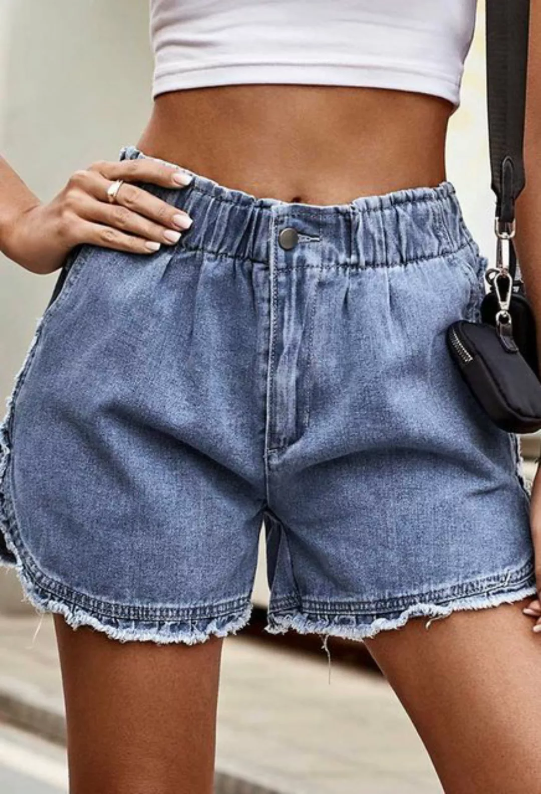 SEGUEN Jeansshorts Raw Edge Pod Denim Shorts Frauen (Elastische Taille Shor günstig online kaufen