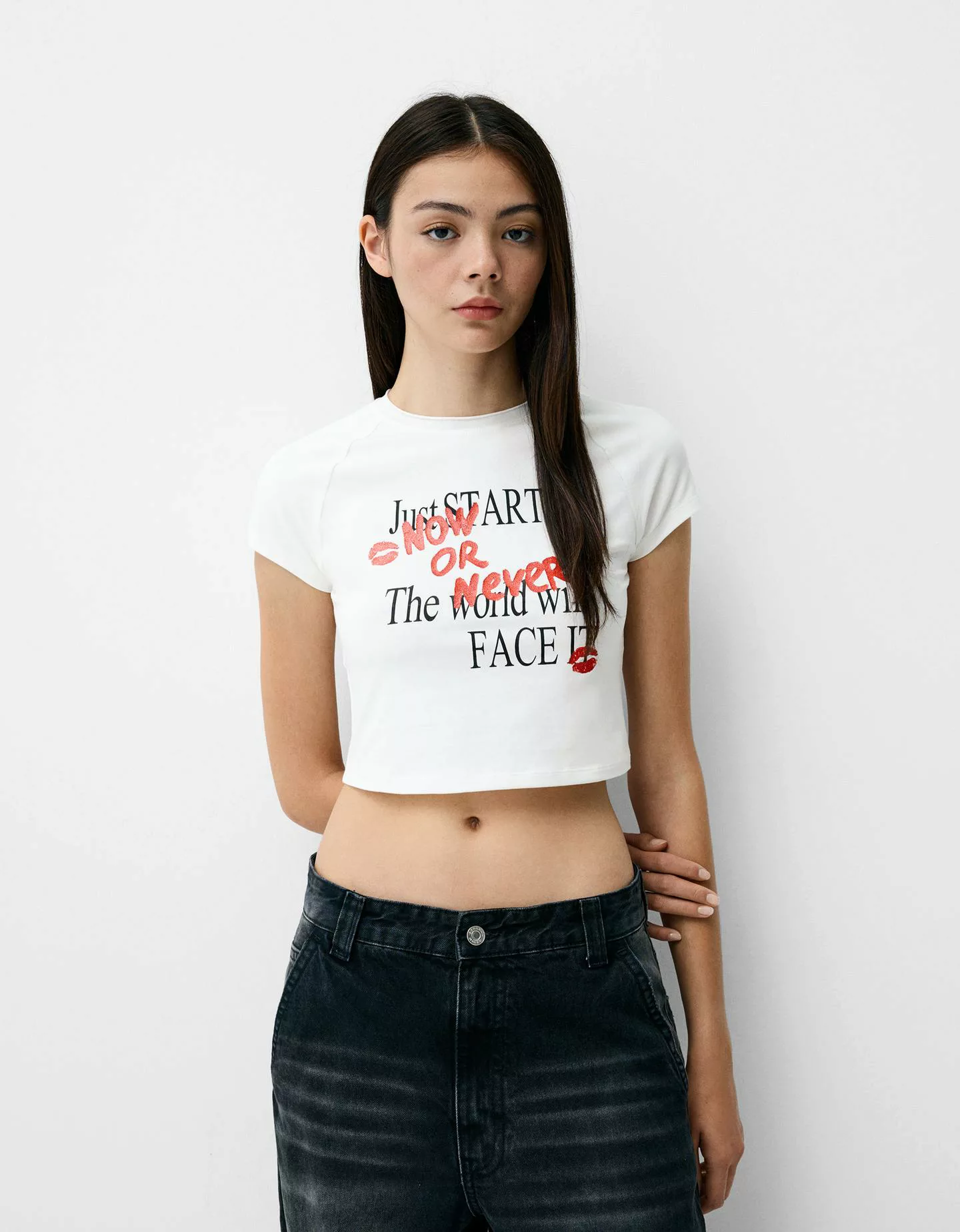 Bershka T-Shirt Mit Print Und Raglanärmeln Damen M Rohweiß günstig online kaufen