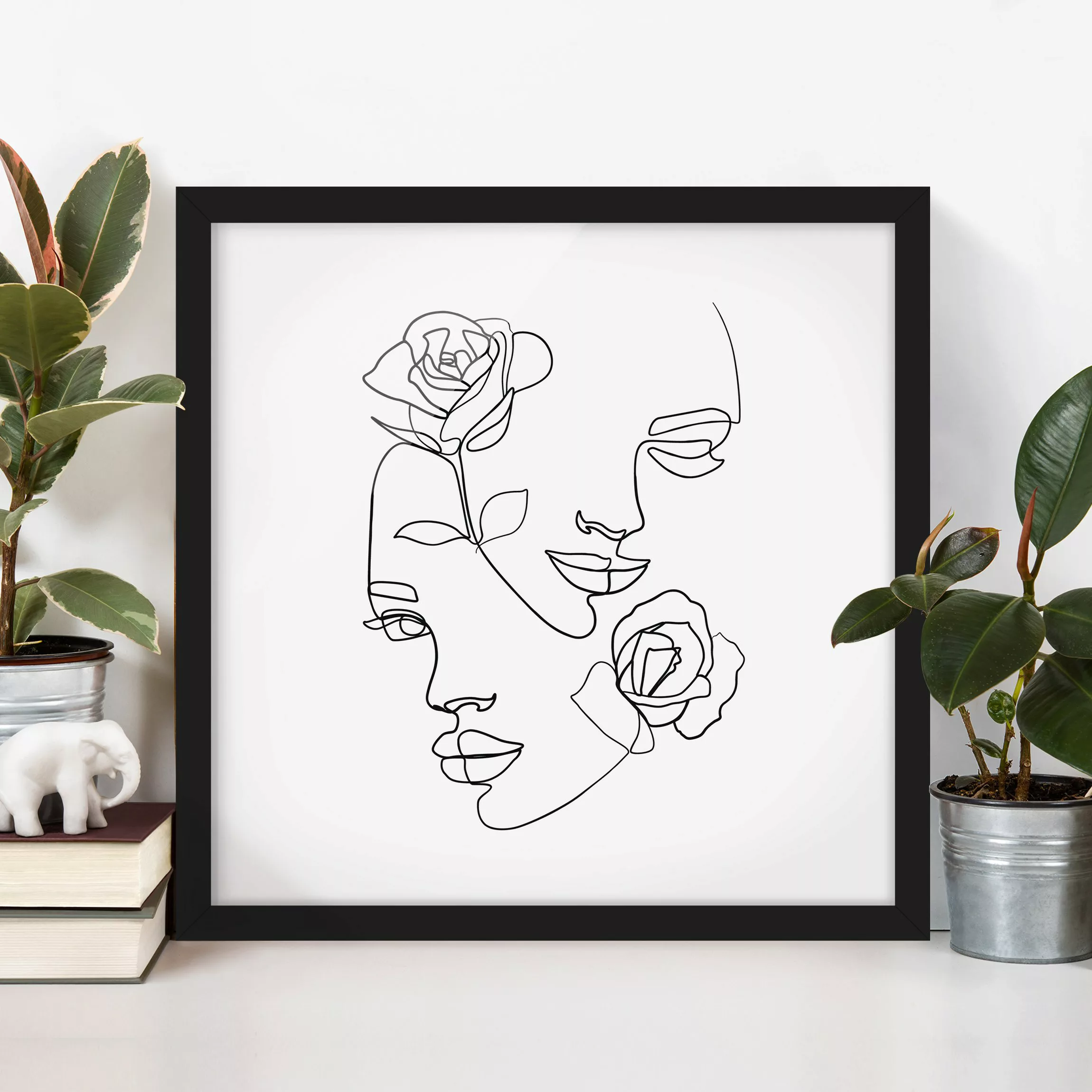 Bild mit Rahmen Schwarz-Weiß - Quadrat Line Art Gesichter Frauen Rosen Schw günstig online kaufen