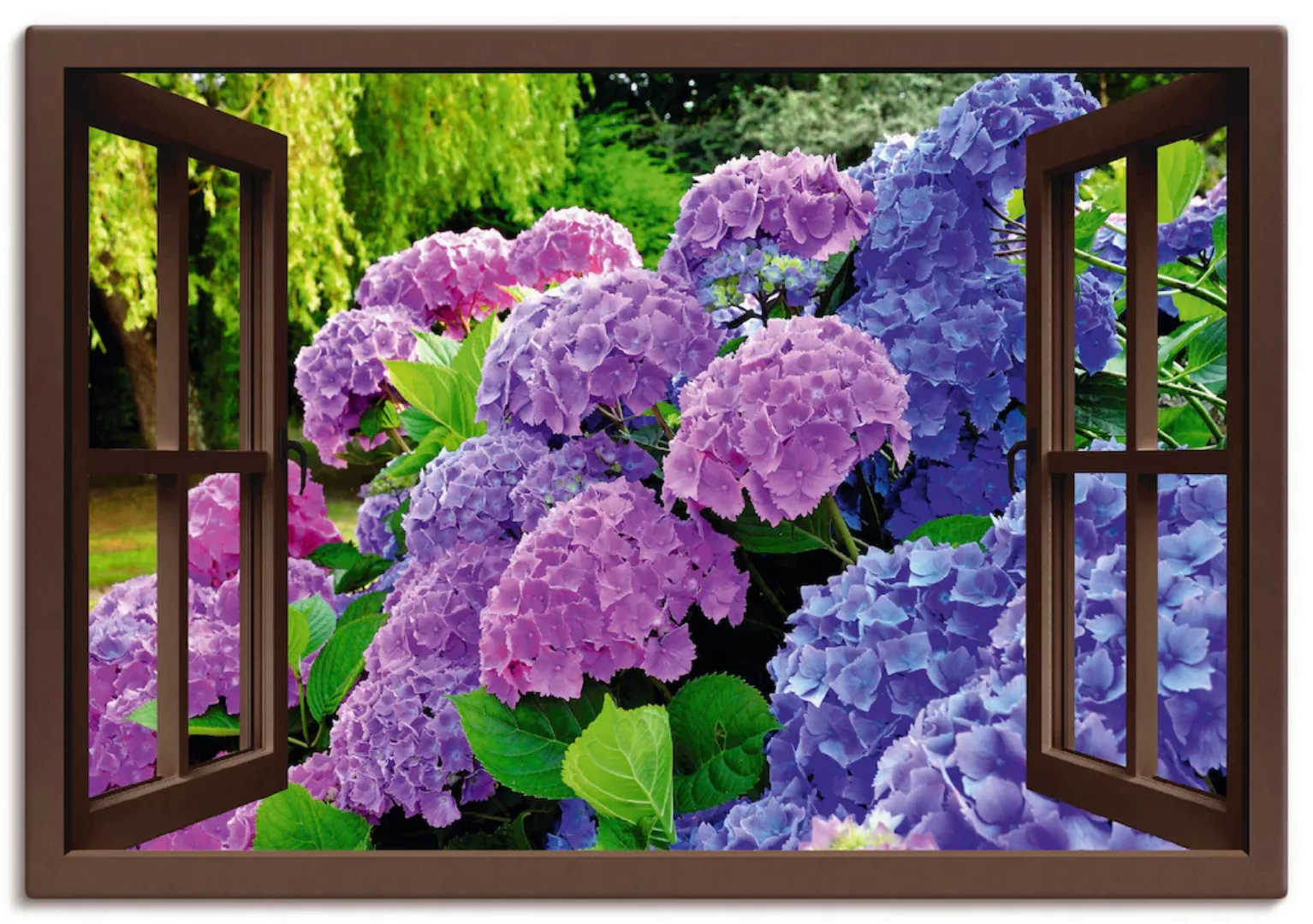 Artland Wandbild »Fensterblick Hortensien im Garten«, Blumen, (1 St.), als günstig online kaufen