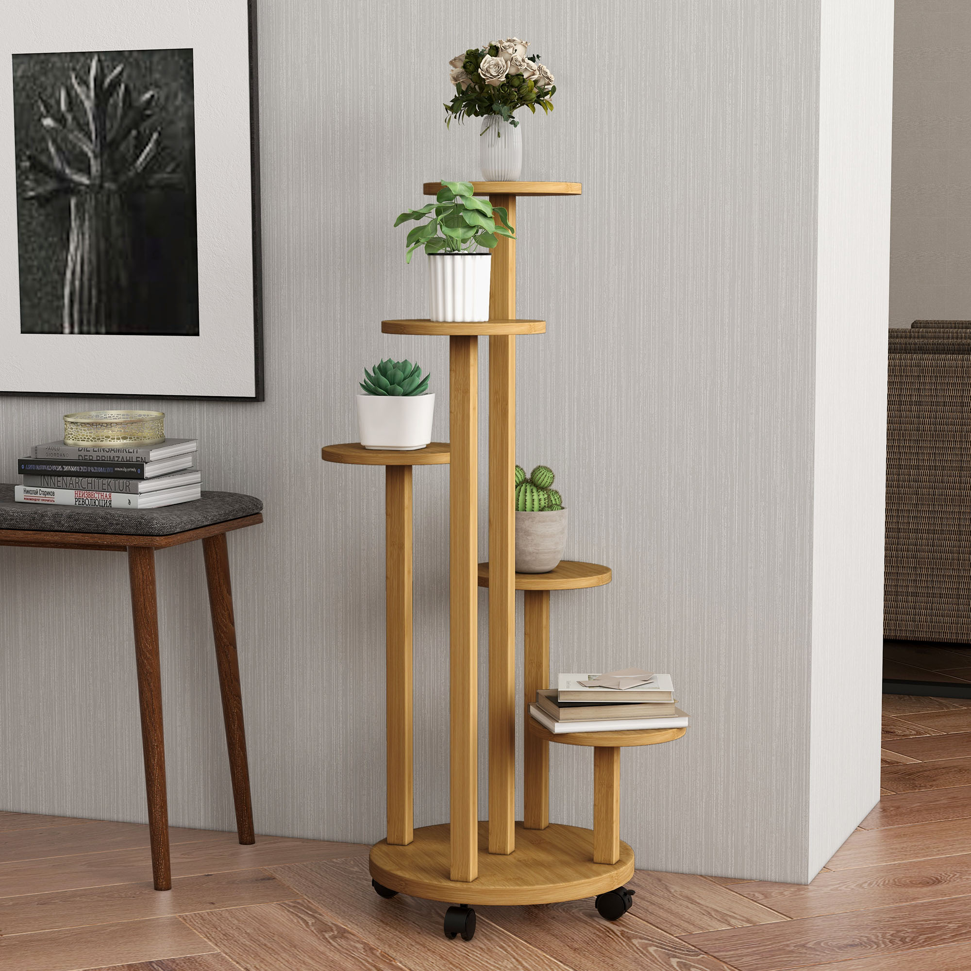 Outsunny Pflanzenregal Pflanzenständer aus Bambus runde Blumenregale Blumen günstig online kaufen