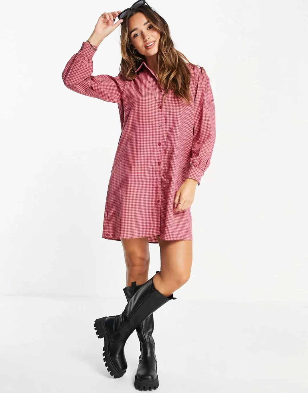 Urban Threads – Oversize-Hemdkleid in Rosa kariert günstig online kaufen
