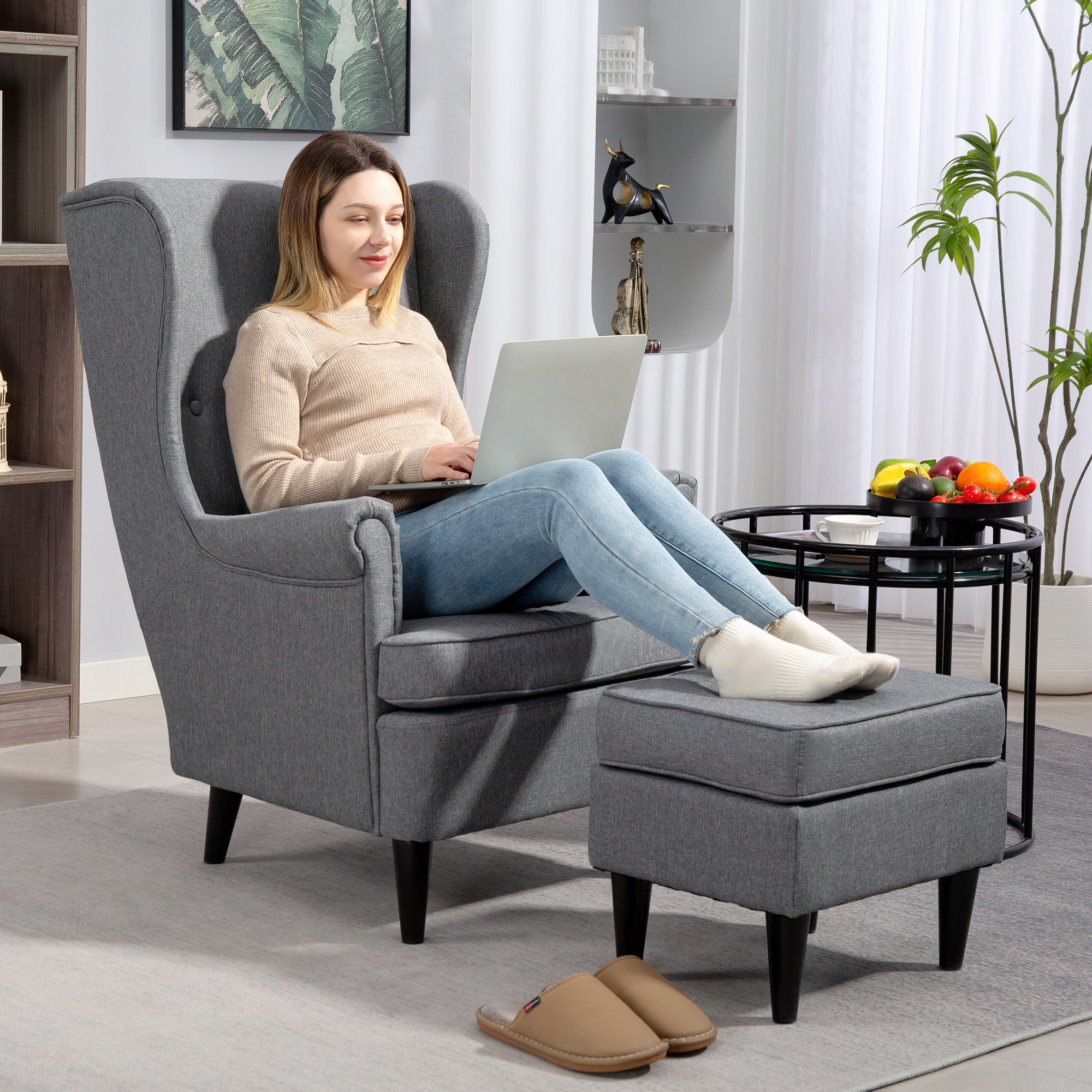 HOMCOM Ohrensessel mit Hocker Sessel mit Leinenoptik, Lendenkissen, Lounges günstig online kaufen
