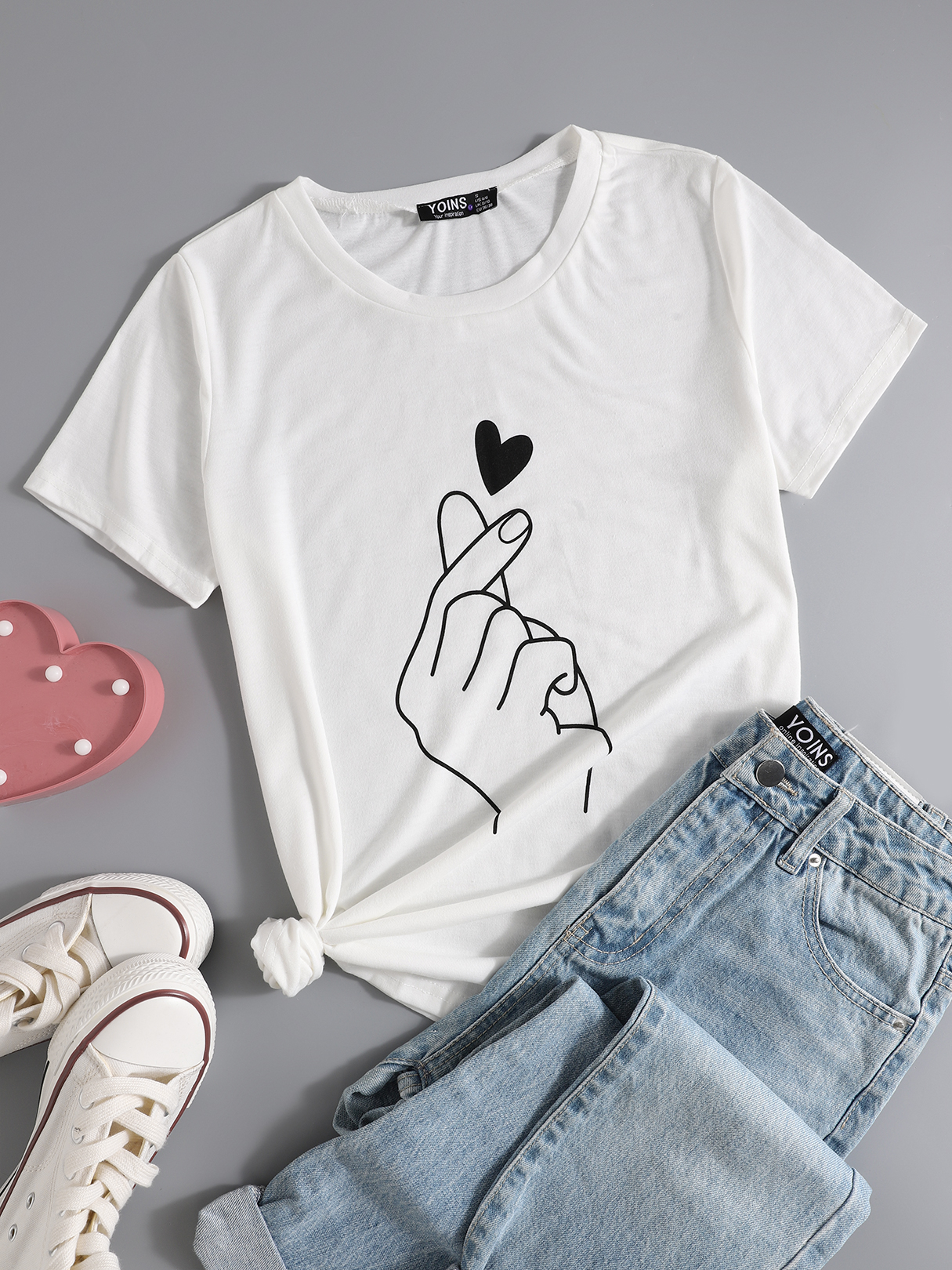 YOINS BASICS White Finger Heart Rundhalsausschnitt Kurzärmliges T-Shirt günstig online kaufen