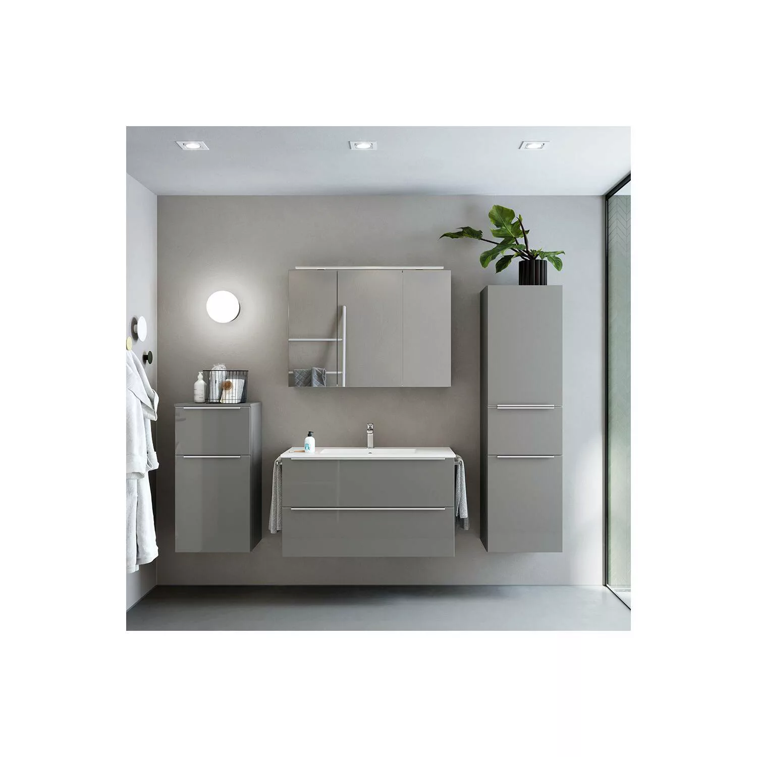 Badmöbel Komplett Set mit 101cm Waschtisch, Spiegelschrank, Griffleisten ed günstig online kaufen