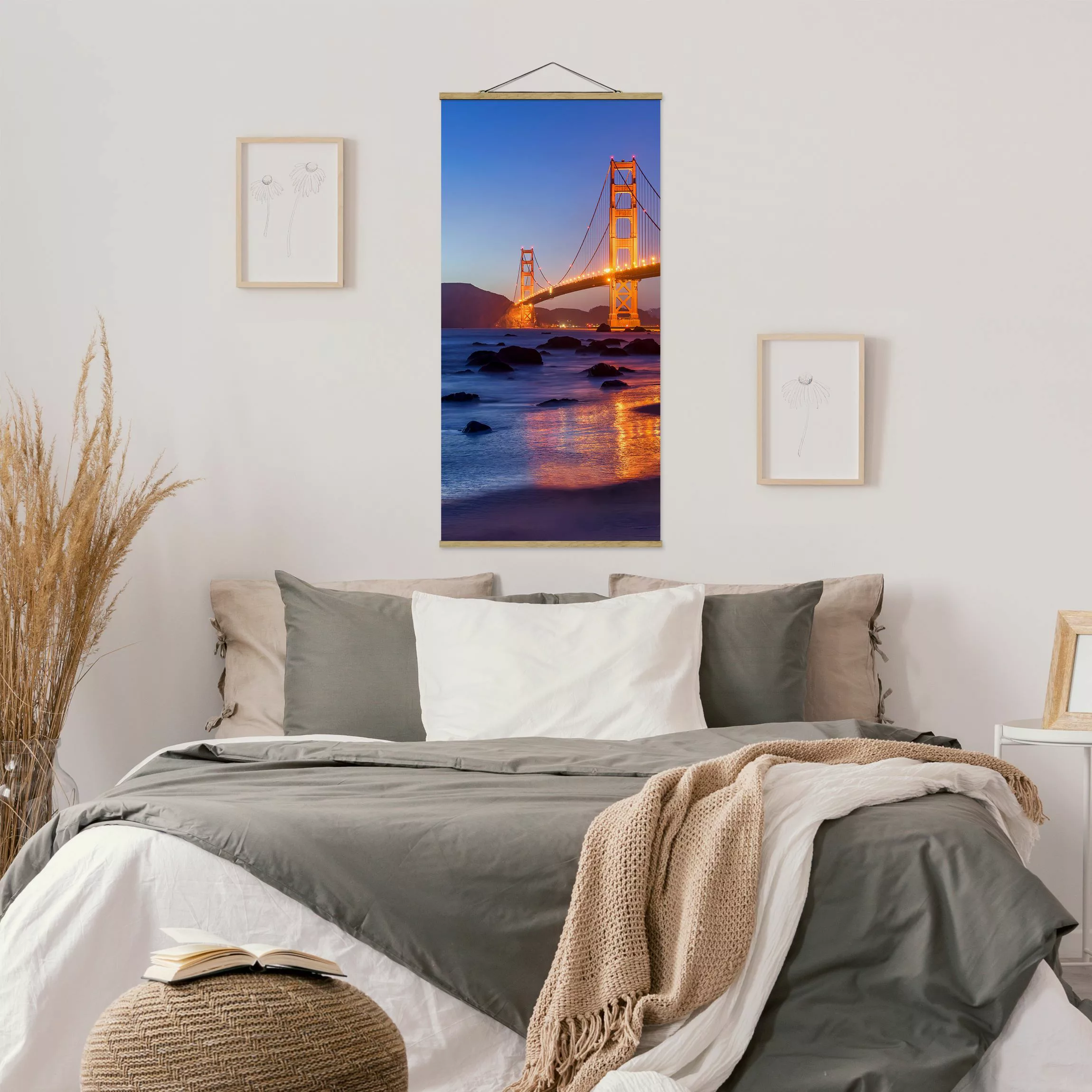 Stoffbild mit Posterleisten Golden Gate Bridge am Abend günstig online kaufen