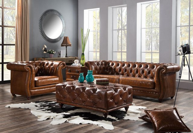 Xlmoebel Chesterfield-Sofa Neues Vintage-Ledersofa für drei Personen vom De günstig online kaufen