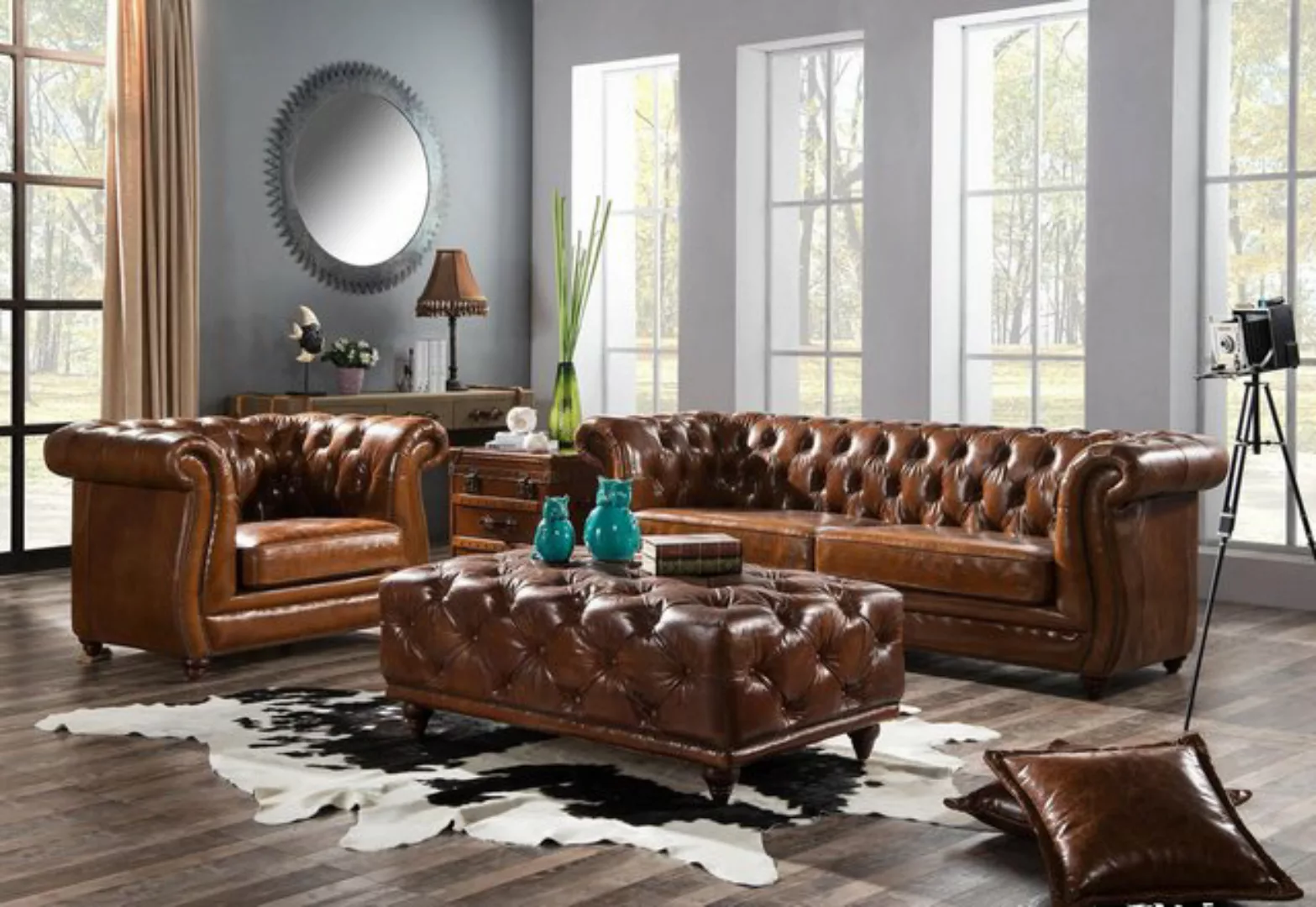 Xlmoebel Sofa Antikes Chesterfield-Sofa-Set aus Leder, bestehend aus einem günstig online kaufen