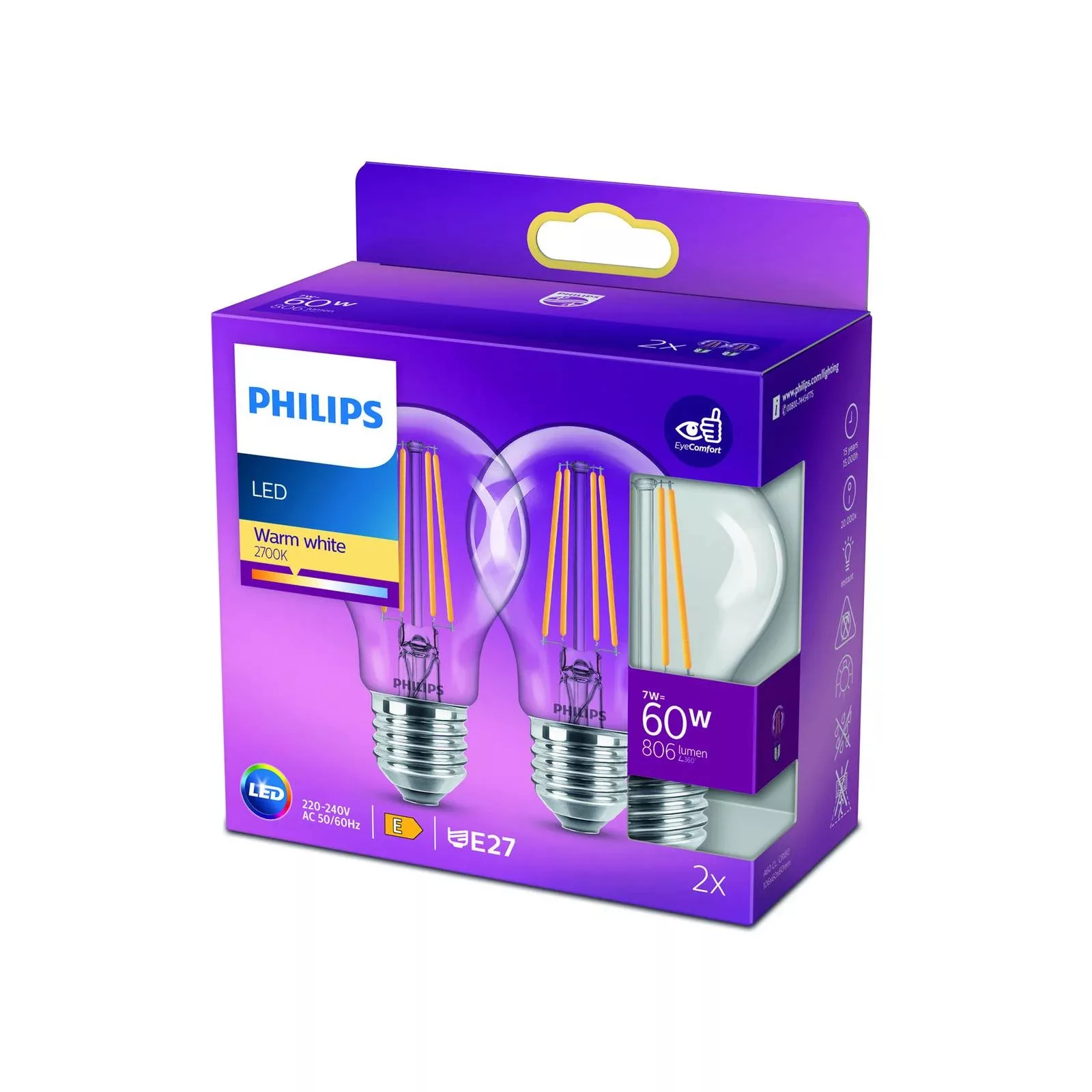 Philips LED-Leuchtmittel E27 Glühlampenform 7 W 2er Set 10,4 x 6 cm (H x Ø) günstig online kaufen