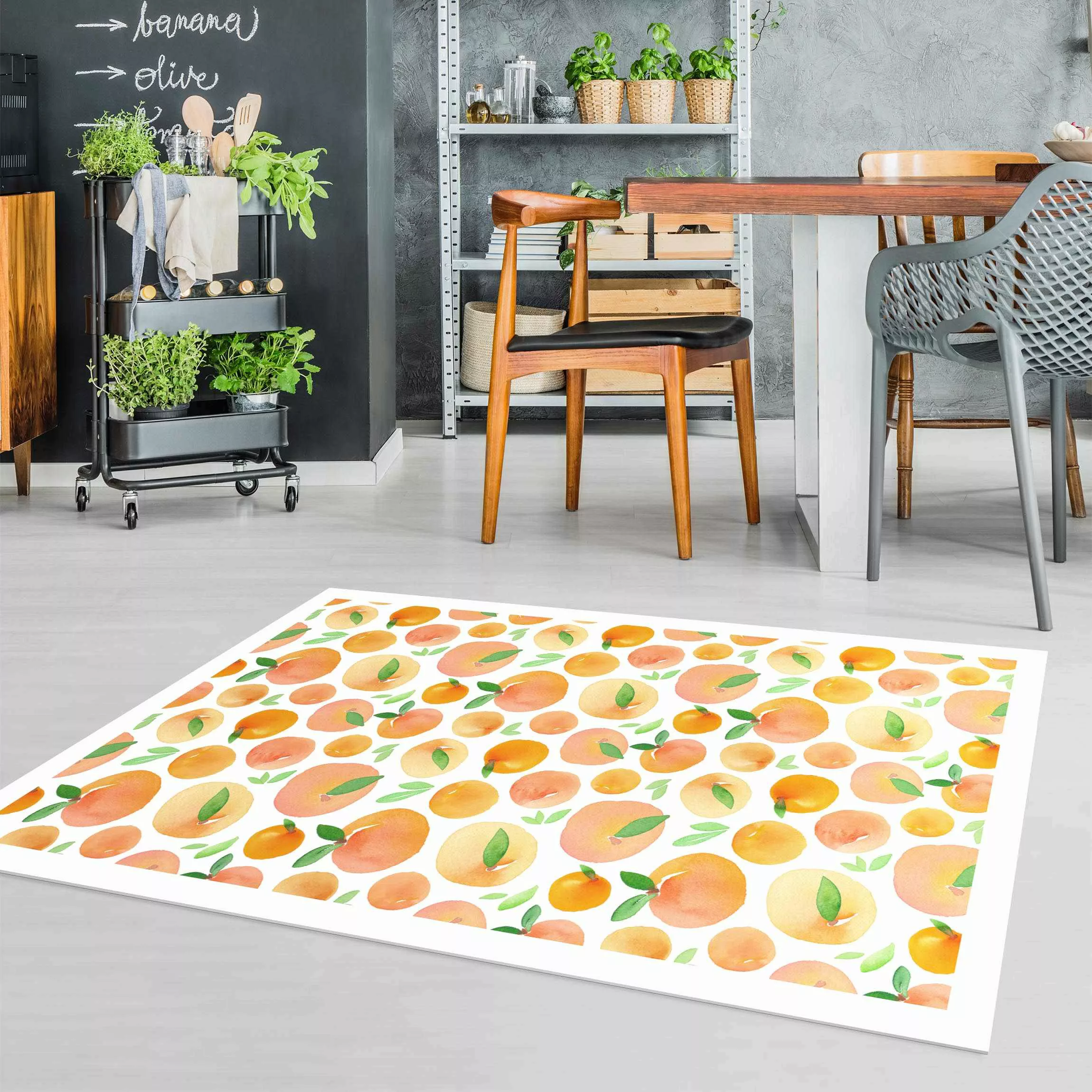 Vinyl-Teppich Aquarell Orangen mit Blättern in weißem Rahmen günstig online kaufen