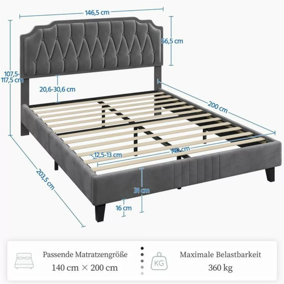 Yaheetech Polsterbett, Doppelbett 140 × 200 cm mit höhenverstellbarem Kopft günstig online kaufen