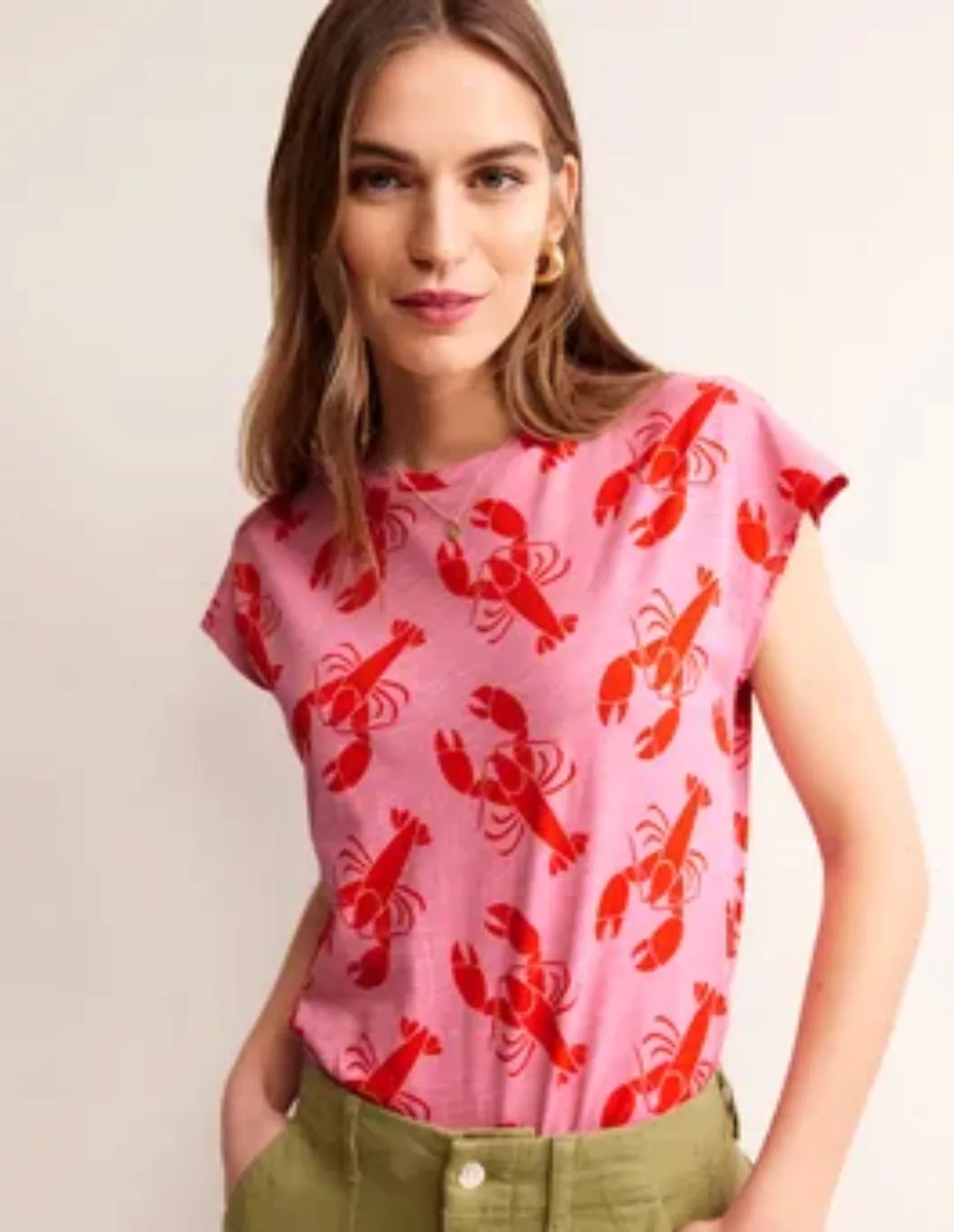 Louisa Flammgarn-T-Shirt mit Druck Damen Boden, Kaschmir Rose, Hummer Klein günstig online kaufen