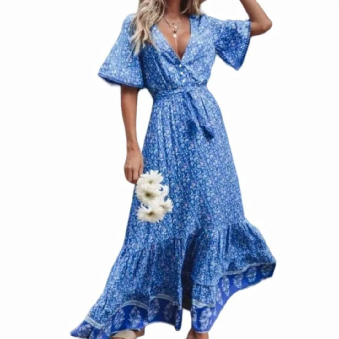 ZWY Dirndl Kleid mit lockerem Rock und hoher Taille und V-Ausschnitt günstig online kaufen