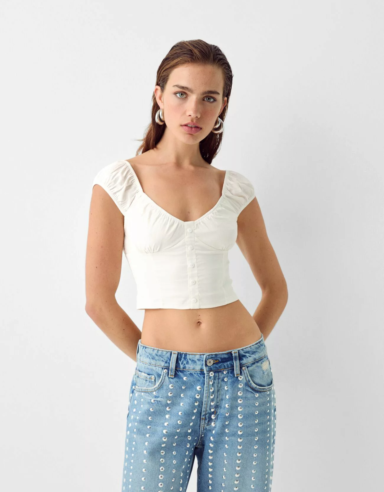 Bershka Cropped-Hemd Mit Knöpfen Damen S Rohweiß günstig online kaufen