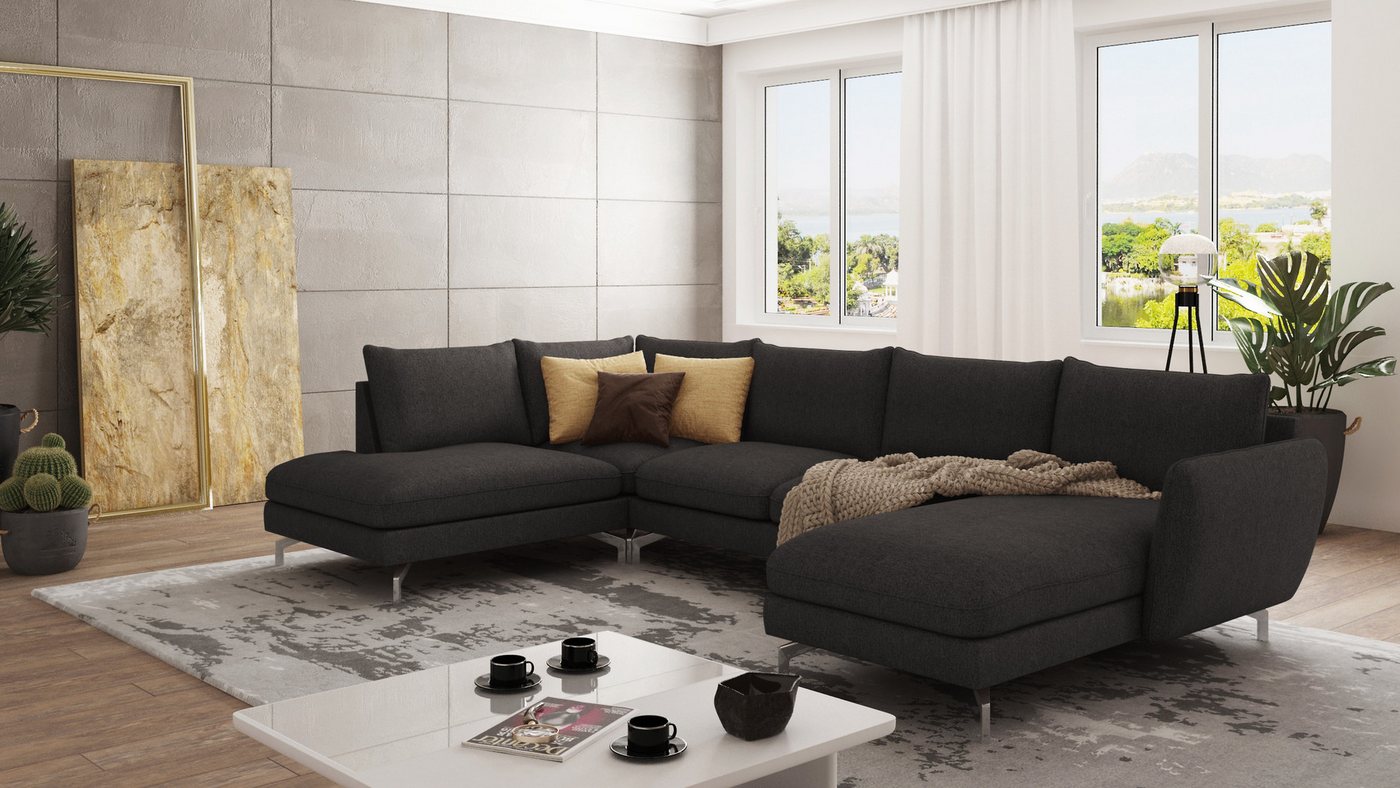 S-Style Möbel Ecksofa Benita Wohnlandschaft mit Silber Metall Füßen, Ottoma günstig online kaufen