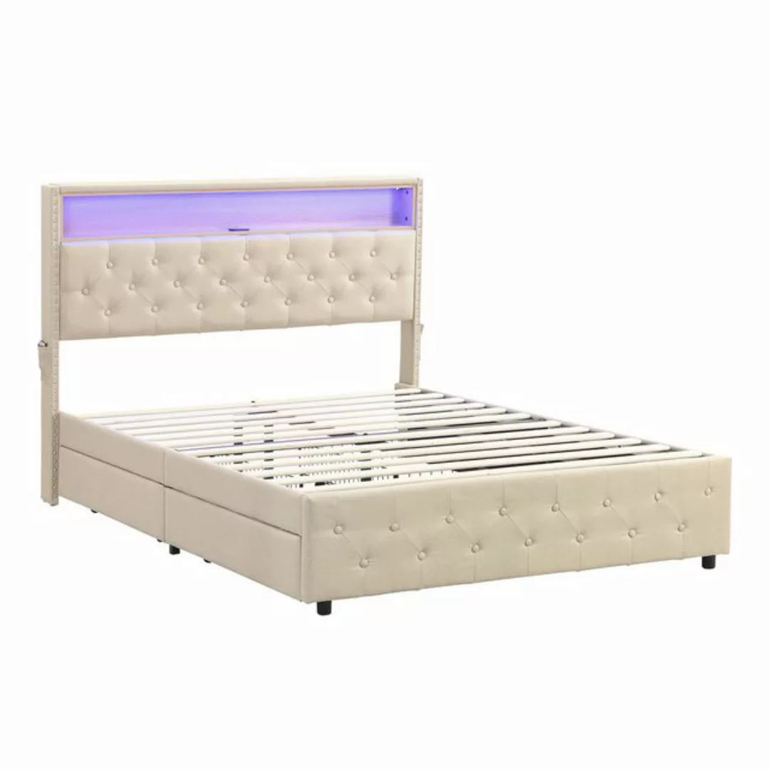 Flieks Polsterbett, LED Doppelbett 160x200cm Leinen mit USB-Aufladen und 4 günstig online kaufen