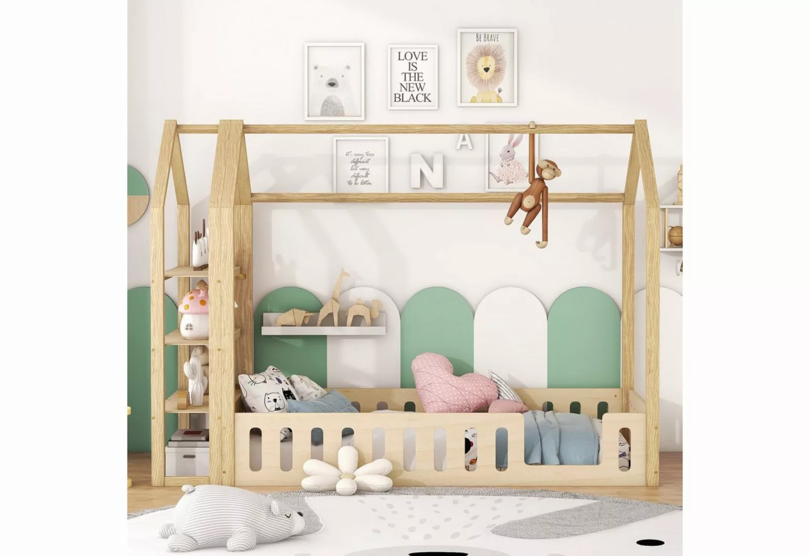 Flieks Kinderbett, Massivholzbett Hausbett mit 3 Stauraum-Regalen und Gelän günstig online kaufen