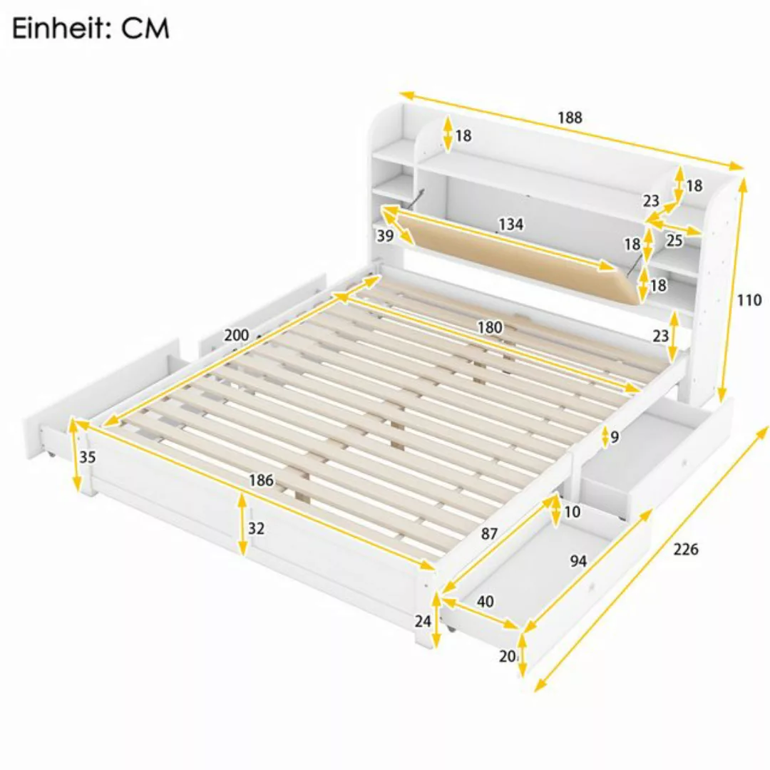 Flieks Massivholzbett, Doppelbett 180x200cm mit 4 Schubladen und mehreren S günstig online kaufen